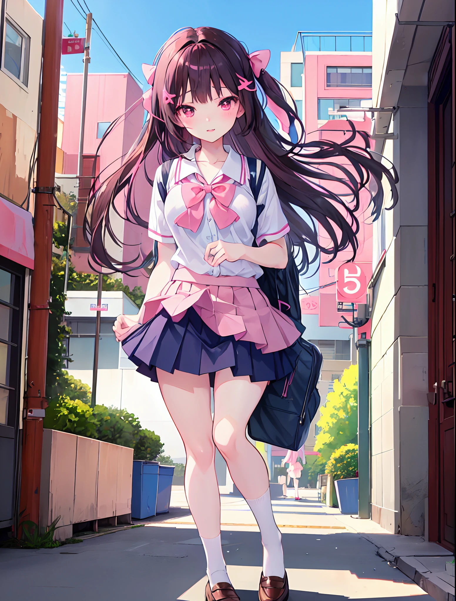 1girl,The best composition、Highest quality、Masterpiece、Twin tails、Landscape、skip、強風にあおられた小学生のが前に進めずTwin tailsがオールバックになっている、Red dress、Shiori high socks、Brown Loafers、Red School Bag、Primary yellow background、