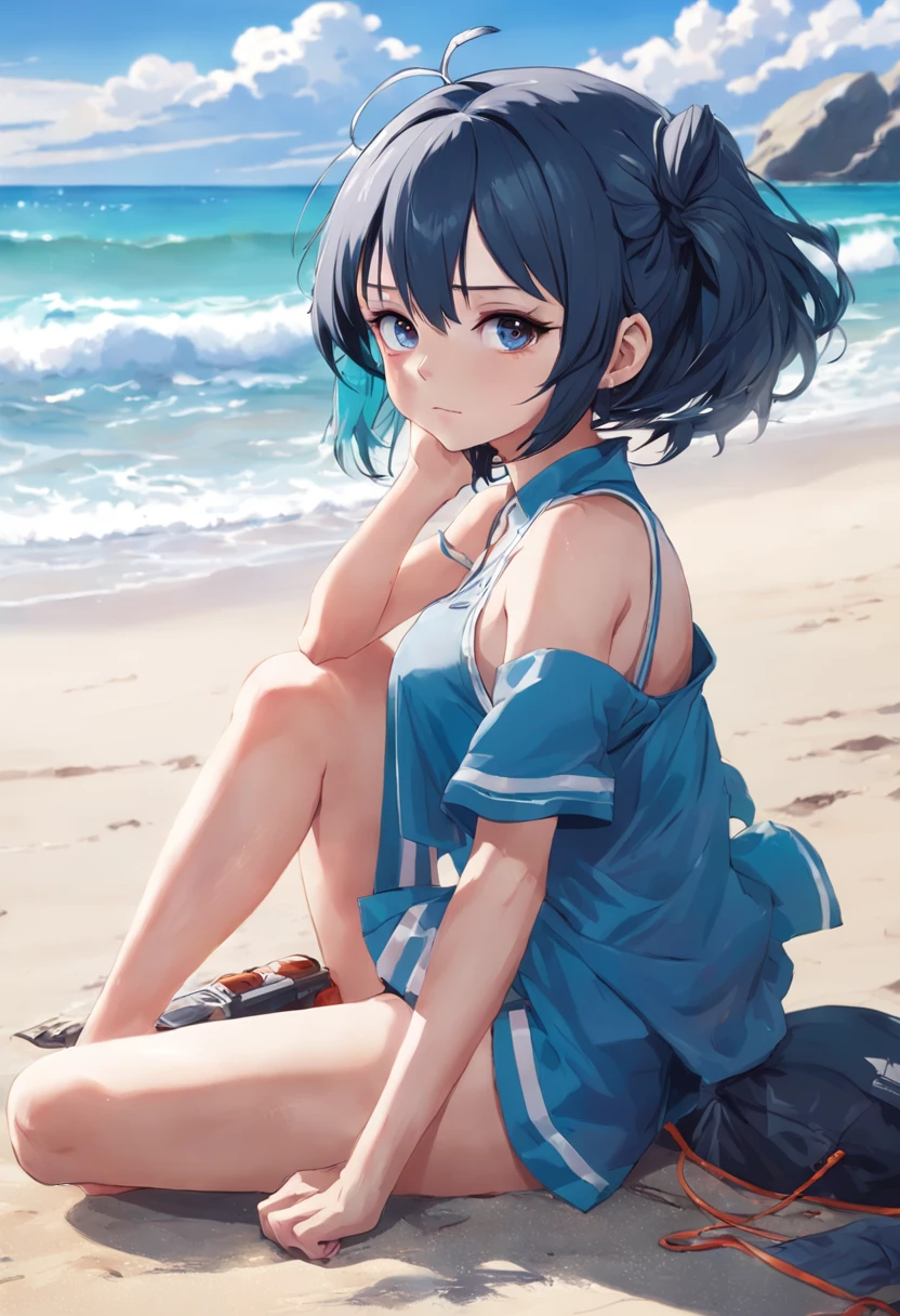 Uta of one piece with headphones on sitting on the beach, artwork in the style of guweiz, loli, anime style. 8k, smooth anime cg art, kantai collection style, beautiful anime girl, photorealistic anime girl render, guweiz, anime girl cosplay, anime girl in real life, anime inspired, digital anime art
