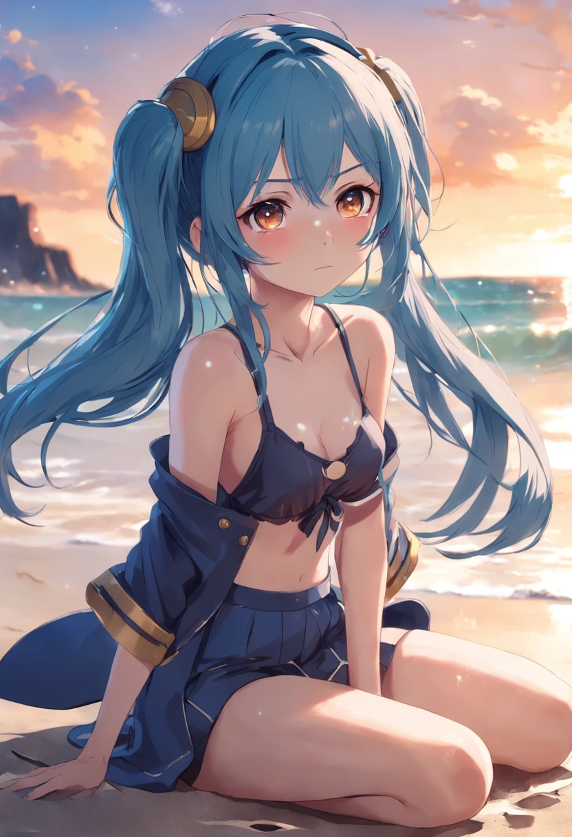 Uta of one piece with headphones on sitting on the beach, artwork in the style of guweiz, loli, anime style. 8k, smooth anime cg art, kantai collection style, beautiful anime girl, photorealistic anime girl render, guweiz, anime girl cosplay, anime girl in real life, anime inspired, digital anime art