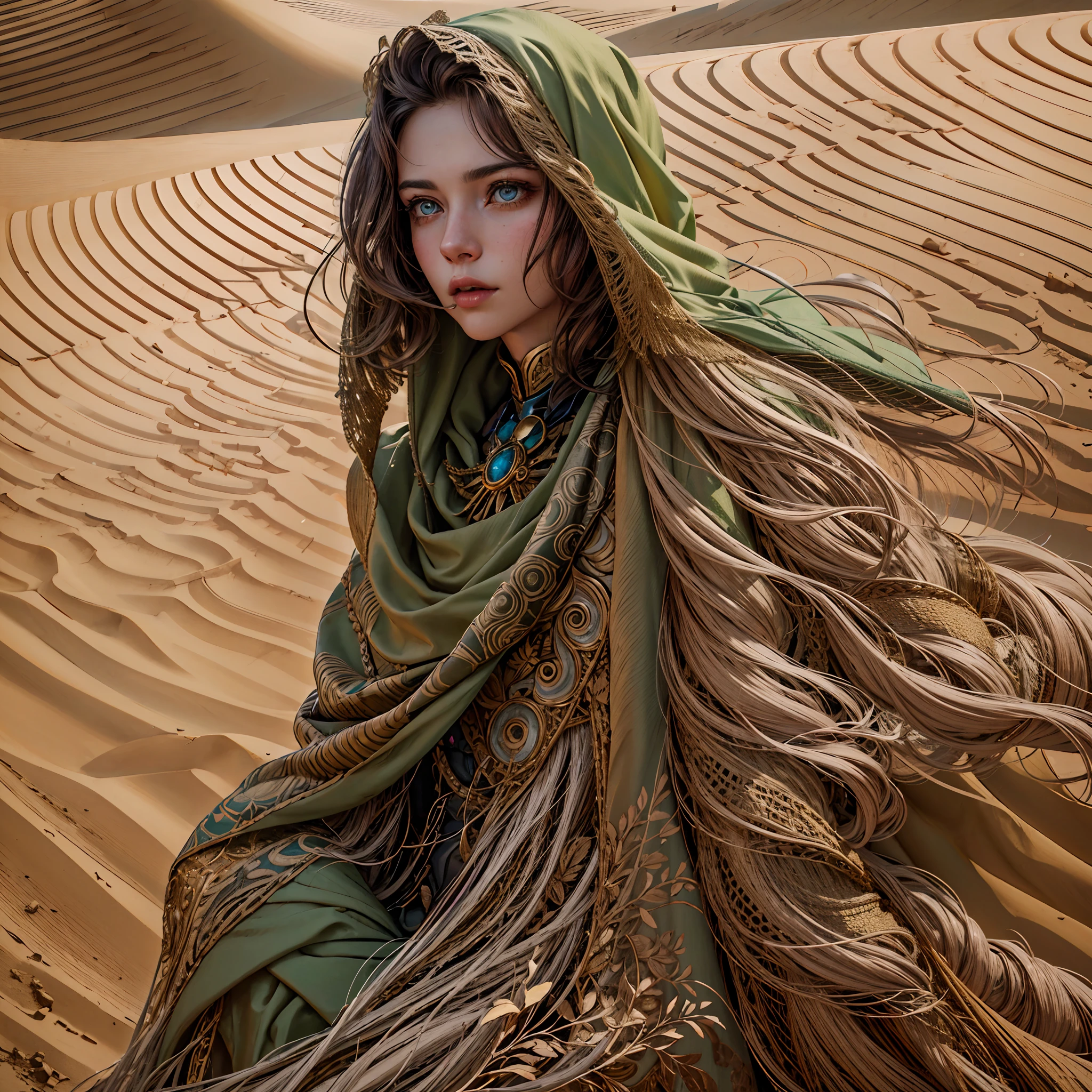 Candid capture of a captivating ((fremen woman)) played by Charlotte Hope, carefully roaming the vast desert of Arrakis, wearing hood, Onna-musha, desert warrior, (1girl), wearing stillsuit, top buns, delicate and beautiful, anima, ((inspired by Dune)), (inspired by Denis Villeneuve), Bene Gesserit, atmospheric, dervish of luminescent spice particles in the air, raw photo, (film grain), backlighting, vibrant, (ray-traced caustics), subsurface scattering, reflections, soft lighting, sharp focus, beautiful detailed eyes, intricate, natural skin texture, (high detailed skin:1.2), dslr, fujifilm xt3a, (((masterpiece))), (((masterwork))), ((top quality)), ((best quality)), ((highest quality)), ((highest fidelity)), ((highest resolution)), ((highres)), ((highest detail)), ((highly detailed)), ((hyper-detailed)), (((detail enhancement))), ((deeply detailed)), awe inspiring, breathtaking, uhd, hdr, fhd, 8k, 16k, 32k, 64k, meticulous, intricate, intimate, nuanced, (((the most beautiful images in existence))), (((the most beautiful artwork in the world))).