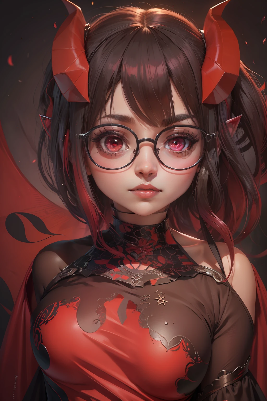 Are you okayですか、(best illustrations)、8k UHD resolution、intricate details、highest quality、realistic、Super detailed、best lighting、best shadows、soft lighting、Ultra HD、超realistic、Tyndall effect、Photoreal、(high detail skin:1.2)、 (intricate details, compensate, face to face with the children_v1:0.5), (Fine, beautiful and delicate face, Are you okay, beautiful and delicate eyes, perfectly proportioned face, high resolution skin, fine skin, Optimal ratio of 4 fingers and 1 thumb, arm under chest, red tattoo on lower abdomen、wow wow, wide hips, smooth abdomen, thin and thin skin, __fashion__, __hair__:1.25)、Digital single-lens reflex camera、 absurd、(table top: 1.3), (maximum resolution: 1.2), (Ultra HDTV: 1.2), cinematic light, fine eyes and skin, detailed facial features, , (sharp focus: 1.2), (focus on face:1.2),perfect style, beautiful face, acura, anatomically correct, Highly detailed face and skin texture, fine eyes, double eyelid, thin eyebrows, glitter eyeliner: 1 natural cheeks, Glossy skin, Fair skin: 1.2, (glossy lips: 1.4),(embarrassed look: 1.2),Highly detailed face and skin texture, fine eyes, double eyelid, natural cheeks, glossy lips: 1.4,exposed cleavage、Bewitching。attractive、 Beautiful devil woman from hell, Surreal female portraits by David Hockney and Alphonse Mucha, attractive女性の肖像画、fantasy art, chinese doll、Chinese actress、dungeon、dragon、devil's palace、devil's torture chamber、night、dark style 、in the dark、(detailed spooky background:0.8), magic、 1 girl、evil nun、dark necromancer、Succubus、devil's daughter、Shinonome Umi、bat wings,(((devil's horns)))、 ((((giant glasses, otaku glasses, thick glasses, round glasses)))),(((big breasts)))、(devil's tail)、(red eyesは光り輝いて:1.6)、red eyesは非常に鮮明で詳細です, The eyes are made up very beautifully, ((red eyes:1.0)),intricate tattoo, demonic intricate tattoo, Tattoo on the thigh, body tattoo, masterpiece、最もbeautiful face、baby face、cute smile、beautiful plump red lips、筋肉のattractive体、悪魔のattractive体、devil style、attractiveブラックマジックコスチューム、The long-haired、Braid、Black hair、Ponytail distortion、, Ponytail with a bow tied at the back of the hair, beautiful expression、body up、big breasts強調、bust, super tight chest, Breast augmentation surgery, The chest is very large and round,tight waist、wide ass、 discreet key, cowboy lens, (Black Phoenix Dress: 1.0), devil crown, red sparkling gemstone necklace、Jewelry G Wise, Please wear black mesh socks,Wear light red、nffsw, nffsw, meet beautiful girls, look at the girl's body,