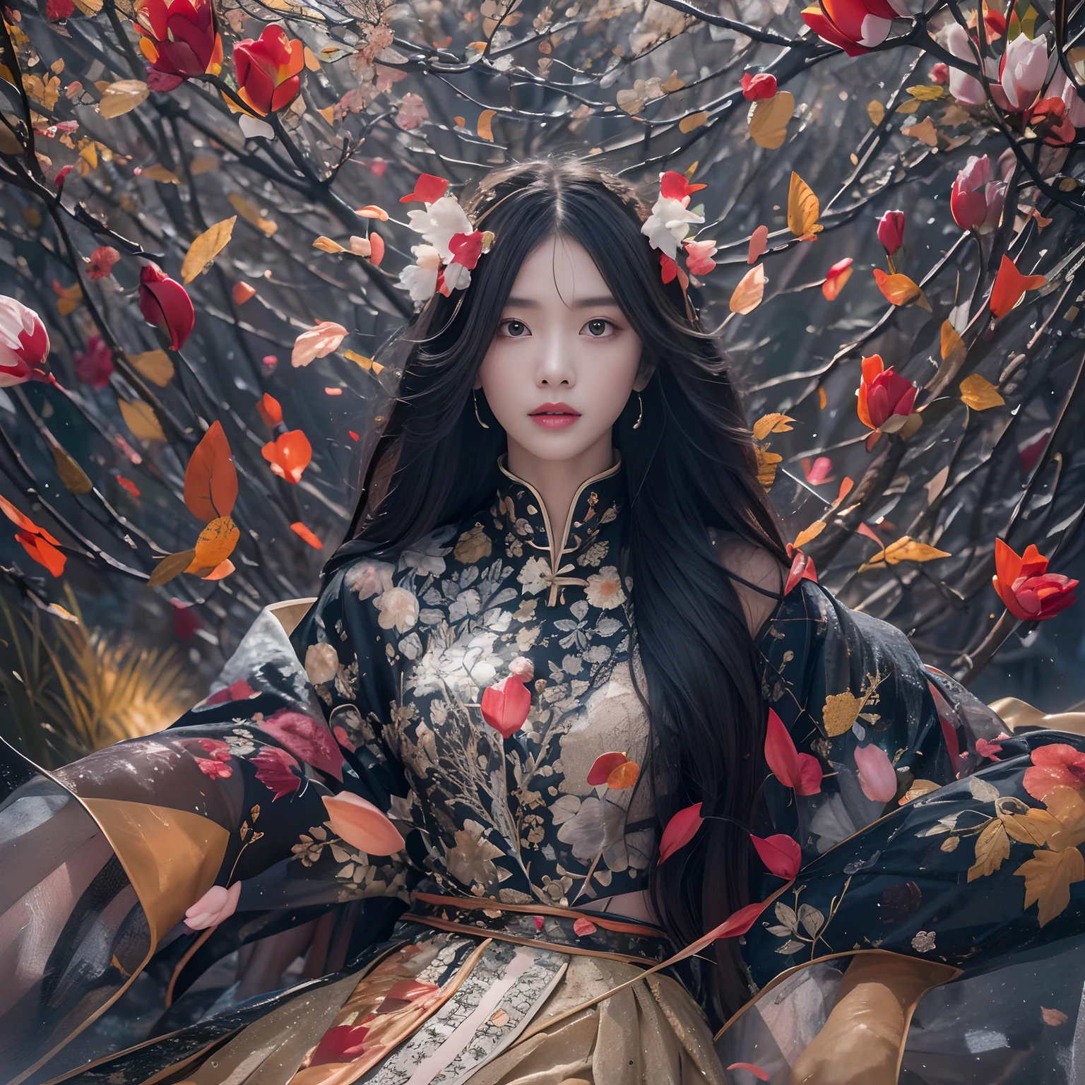 32K（tmasterpiece，k hd，hyper HD，32K）Long flowing black hair，Rockery，zydink， a color，  Xuzhou people （Seduce girls）， （Red scarf in the snow）， jumping posture， looking at the ground， long whitr hair， Floating hair， Carp pattern headdress， Chinese long-sleeved silver battle robe， （Abstract gouache splash：1.2）， Pink petal background，Tulips flying（realisticlying：1.4），Black color hair，Fallen leaves flutter，The background is pure， A high resolution， the detail， RAW photogr， Sharp Re， Nikon D850 Film Stock Photo by Jefferies Lee 4 Kodak Portra 400 Camera F1.6 shots, Rich colors, ultra-realistic vivid textures, Dramatic lighting, Unreal Engine Art Station Trend, cinestir 800，Long flowing black hair，Transparent robe clothing