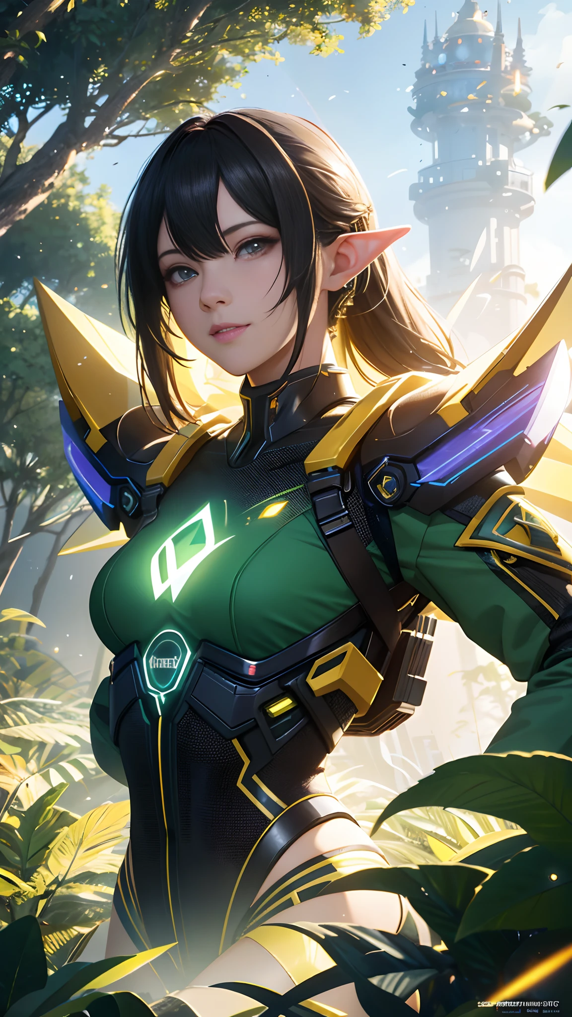 Masterpiece, High quality, 1 Beautiful girl is an elf druid,Wearing leaf clothes in the forest,There are fireflies and plants on the face of the author:Greg Rutkowski Makoto Shinkai Kim Zhengka Tako Rule of Thirds Golden Ratio Lighting Trend Pixiv Fan Box Concept Art Station HD 8k octane rendering Cinematic dramatic lighting. Dynamic Volume Studio Lighting God Ray Ray Tracing Highly Detailed Bee Bee Bee WLOP Leyang Ilya Yum Mount Nicholas Rendering Unreal Engine 5 4K 3D Key Visual Official Media Matte Painting Digital Illustration Landscape Character Design Atmospheric Environment Cyberpunk 2077 Rainbow Colors Pastel Bright Color Scheme Rainforest Neon Halo Halo Fantasy Mirror