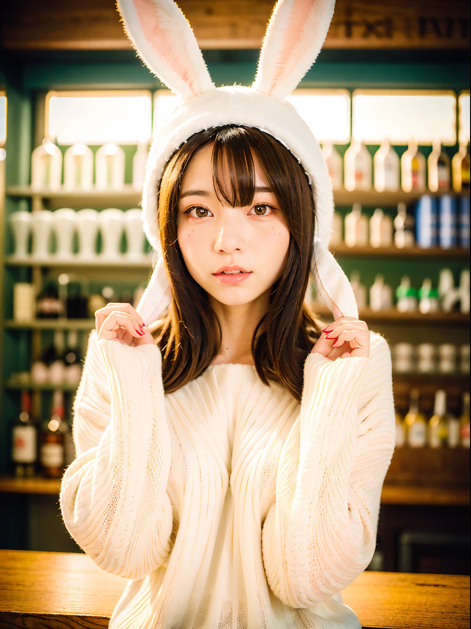 a woman, (wearing oversized_sweater, bunny_ears_hat:1.3),red bunny_ears,
good hand,4k, high-res, masterpiece, best quality, head:1.3,((Hasselblad photography)), finely detailed skin, sharp focus, (cinematic lighting), soft lighting, dynamic angle, [:(detailed face:1.2):0.2], medium breasts,(((in a bar))),