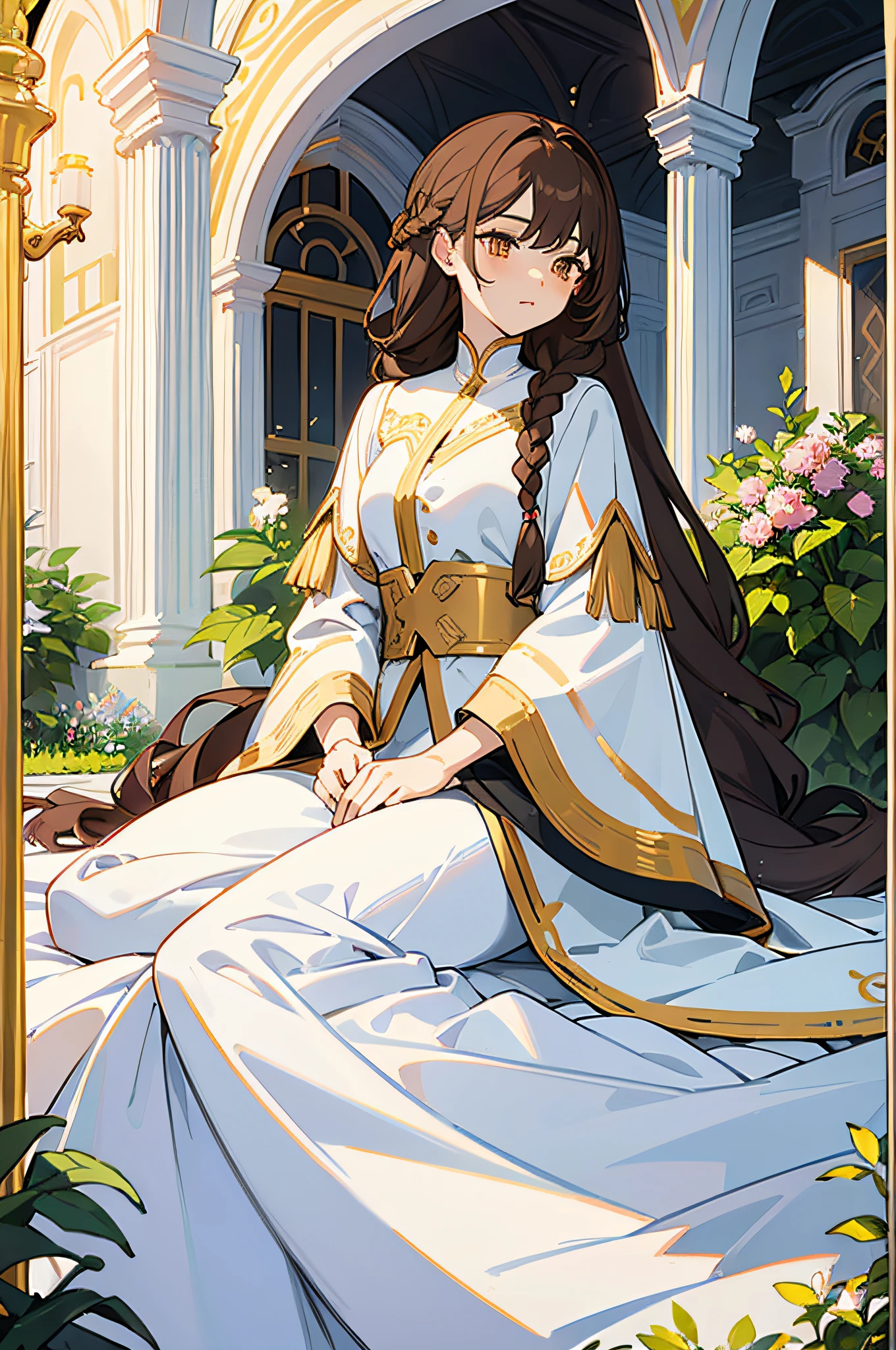 1 woman, (masterpiece, best quality:1.2), wearing white clothing, garden setting, very long hair, waist length hair, one braid on the left side of hair, brown hair, golden eyes