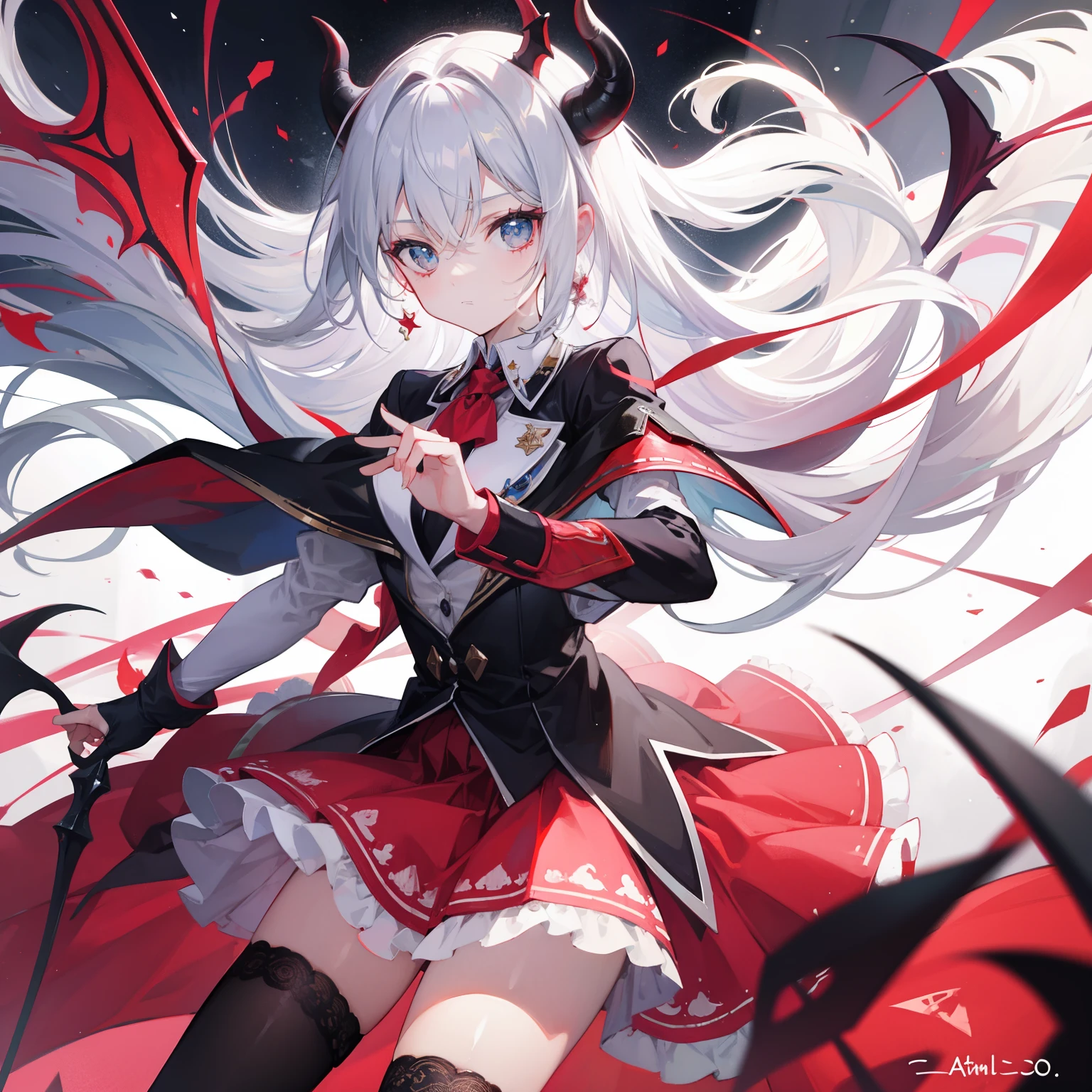 1 girl, anime, masterpiece, best quality, intricate details, futuristic setting, red and white hair, smirk, elegant, maid uniform, demon horns, bun, spiked bracelets, red lipstick, gothic aesthetic, tall, curvy, confident pose, black maid dress, corset, fishnet stockings, short hair, Persian cat