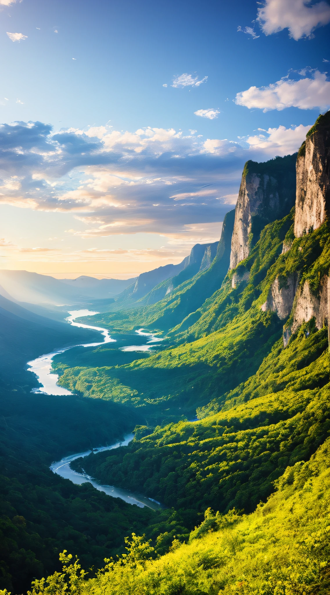 Masterpiece, ultimate quality, Cg unity 8k wallpaper, super delicate, beautiful sky and clouds, rich natural scenery, cliffs, lakes and rivers, waterfalls and flying water, beautiful green mountains, no trace of people, excellent scenery, has already won a photo contest, background Blurring, full depth of field, HDR high dynamics, true restoration, intricate, extreme details, dramatic presentation, perfectly presenting the style of midjourney art.