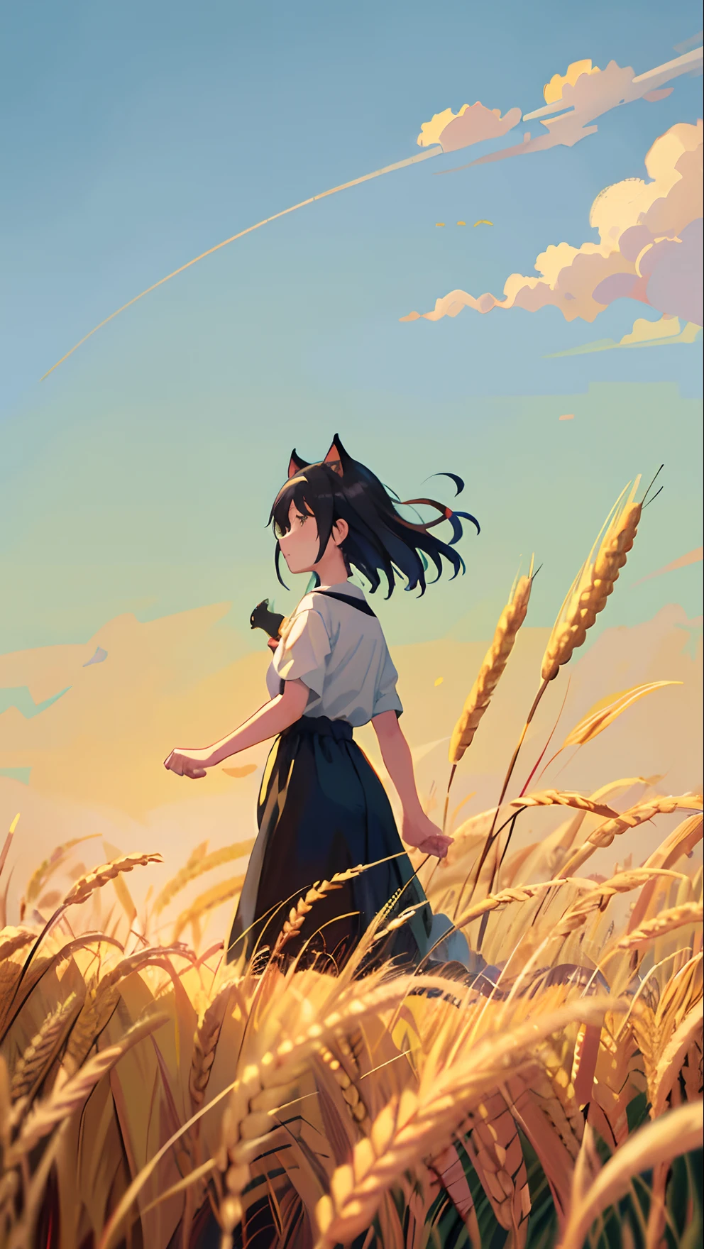 Cartoon girl with cat and dog in field, in a wheat field, by Yang J, A beautiful artwork illustration, girl walking in wheat field, by Atey Ghailan, in style of atey ghailan, Inspired by Atey ghailan, arte de fundo, atey ghailan 8 k, 2d matte illustration, on the vast wheat fields