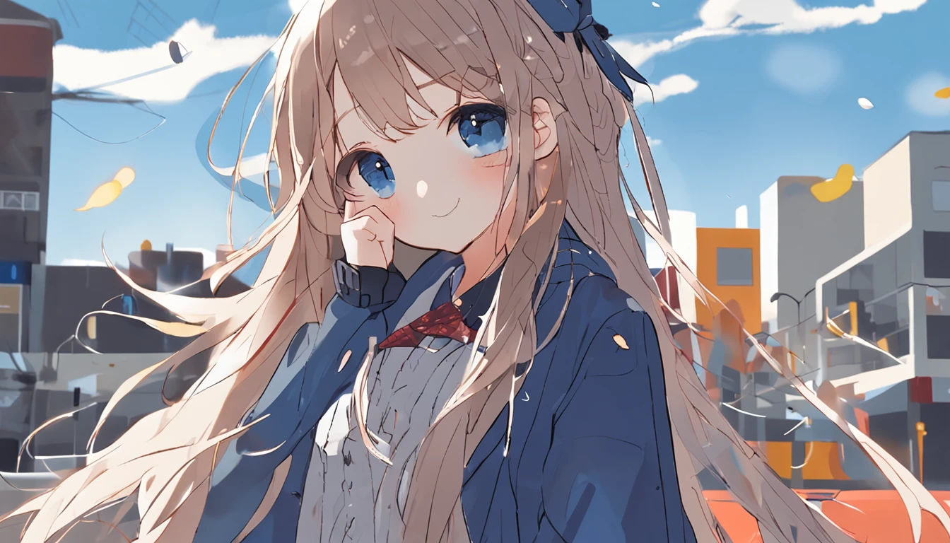 Flat coating,Flat coating,illustration,((Exquisitely)),Niji style,A girl with long hair wearing a raincoat,blue,The sky is clear,