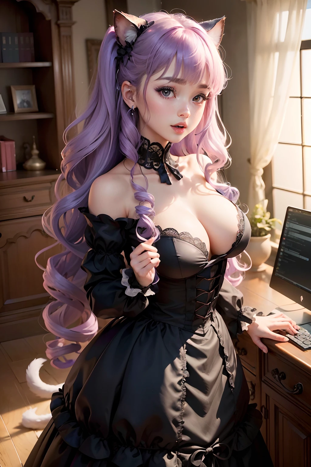 Raw photography, top-quality, masterpiece, extremely delicate and beautiful, ighly detailed, nffsw, Unity, 8K Picture Wallpaper, amazingly detail, detaile, masterpiece, top-quality, Official art, Highly detailed ticker Unity 8k wallpaper, ultra-detailliert, hight resolution, ighly detailed, Clair, Focus, (top-quality), (realisitic, Photorealsitic:1.5), 8K, Soft lighting, hightquality, lighting like a movie, 1womanl、Miss Salome、Princess、Light purple hair、very long long hair、very large amount of hair、Drill tail、Curled Hair、Drilled twin tails at both shoulders、Curled curly hair、Curled hair hides ears、Hide your ears with hair、sord、Purple ribbon on hair、curlyhair、Naked Deco、Bangs are divided into left and right、The forehead looks a little、Forehead visible、drooing eyes、Very big eyes、Purple eyes、Purple eyes、Purple eyeballs、Close both eyes、Close your eyes and smile、Angelic smile、very large eyes with bilateral symmetry,,,、dual、eyeshadows、Tanuki face、Extraordinary beauty、Takamine Flower、Deities々Right、Cat mouth、Cat-like mouth、Open your mouth、Opening Mouth、Open your mouth languidly、Oval mouth、Smiling mouth、Dark blue gothic ta fashion、Colossal tits、「〜Wow」There is a habit that、The background is a Western-style building、Inside the room of the mansion、The background is a cluttered room、standing in front of the computer