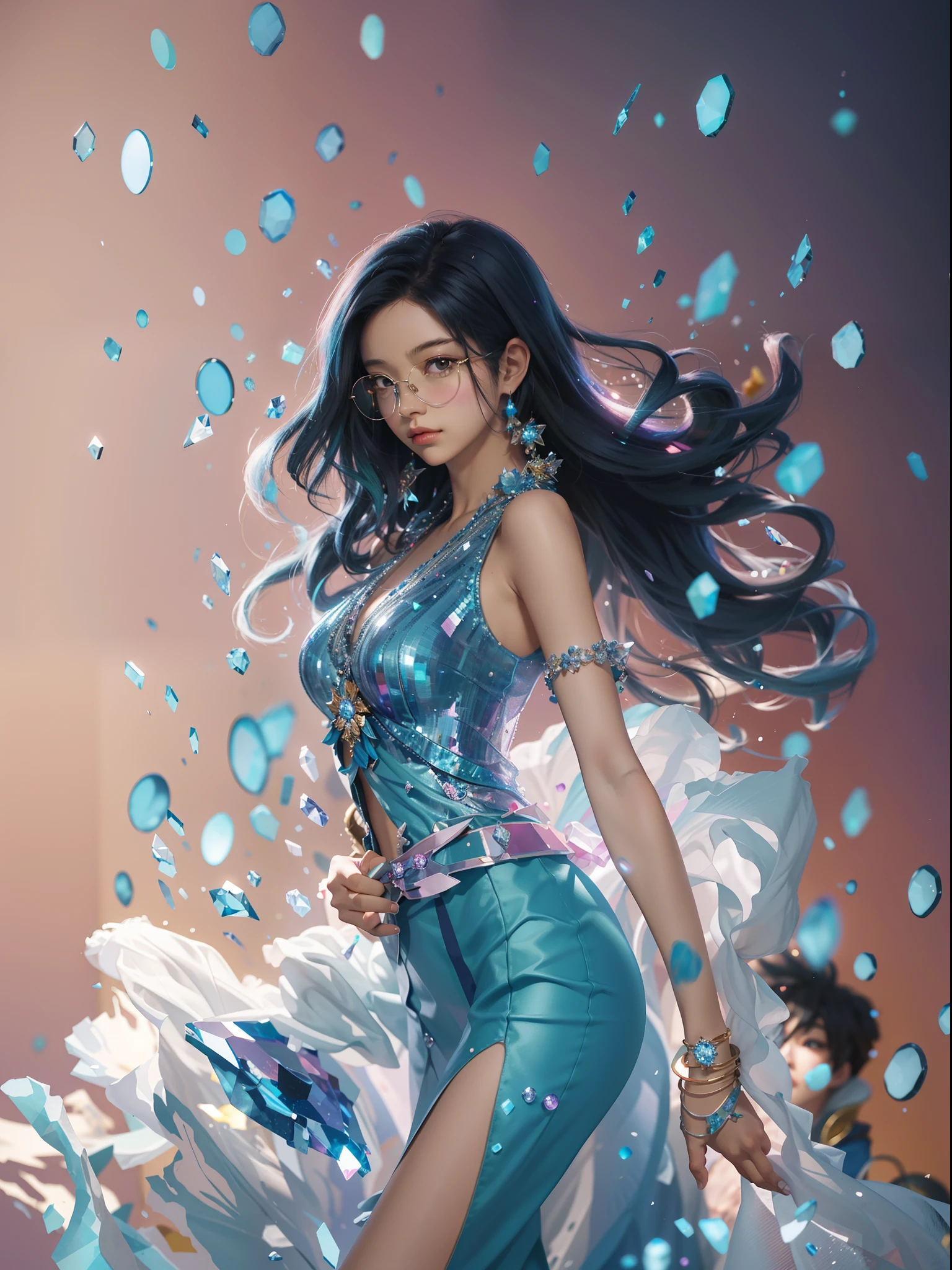 （《One Piece》Nicole Robin）Mixed-race woman in crystal dress and glasses，There are a lot of colorful crystals, Refracted light and spot halos，The delicate portrayal of the facial features，Gorgeous accessories，8K, Amazing artwork, Beautiful digital artwork, Detailed digital anime art, Guviz-style artwork, style of anime4 K, Digital anime art, 8k high-quality detailed art, Ross Tran 8 K, Anime style. 8K, Ross Tran style