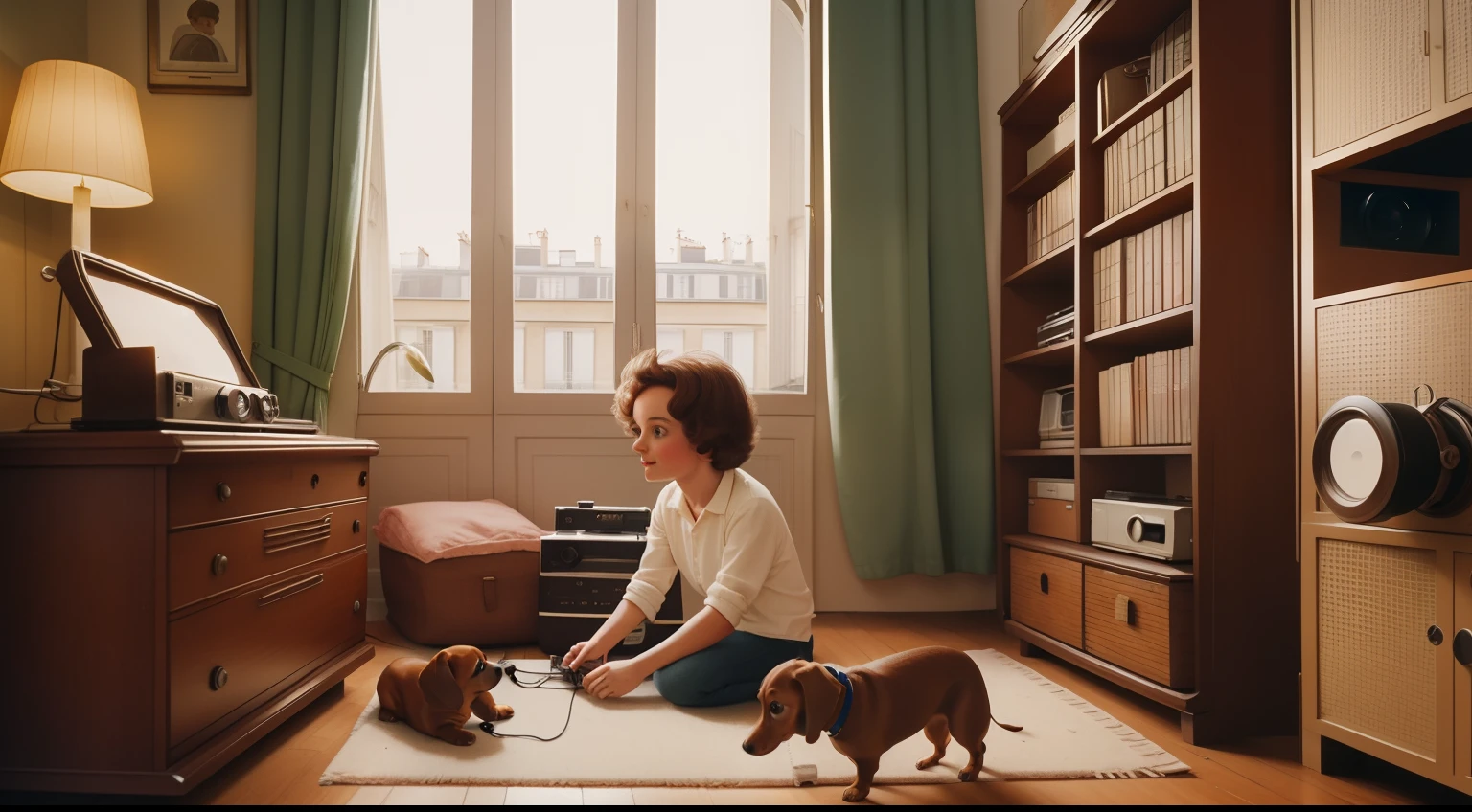 Date: 1981
Location: Paris, France
Description: In a quirky Montmartre apartment, a young filmmaker edits Super 8 films while a pet dachshund lounges on a vintage film reel.