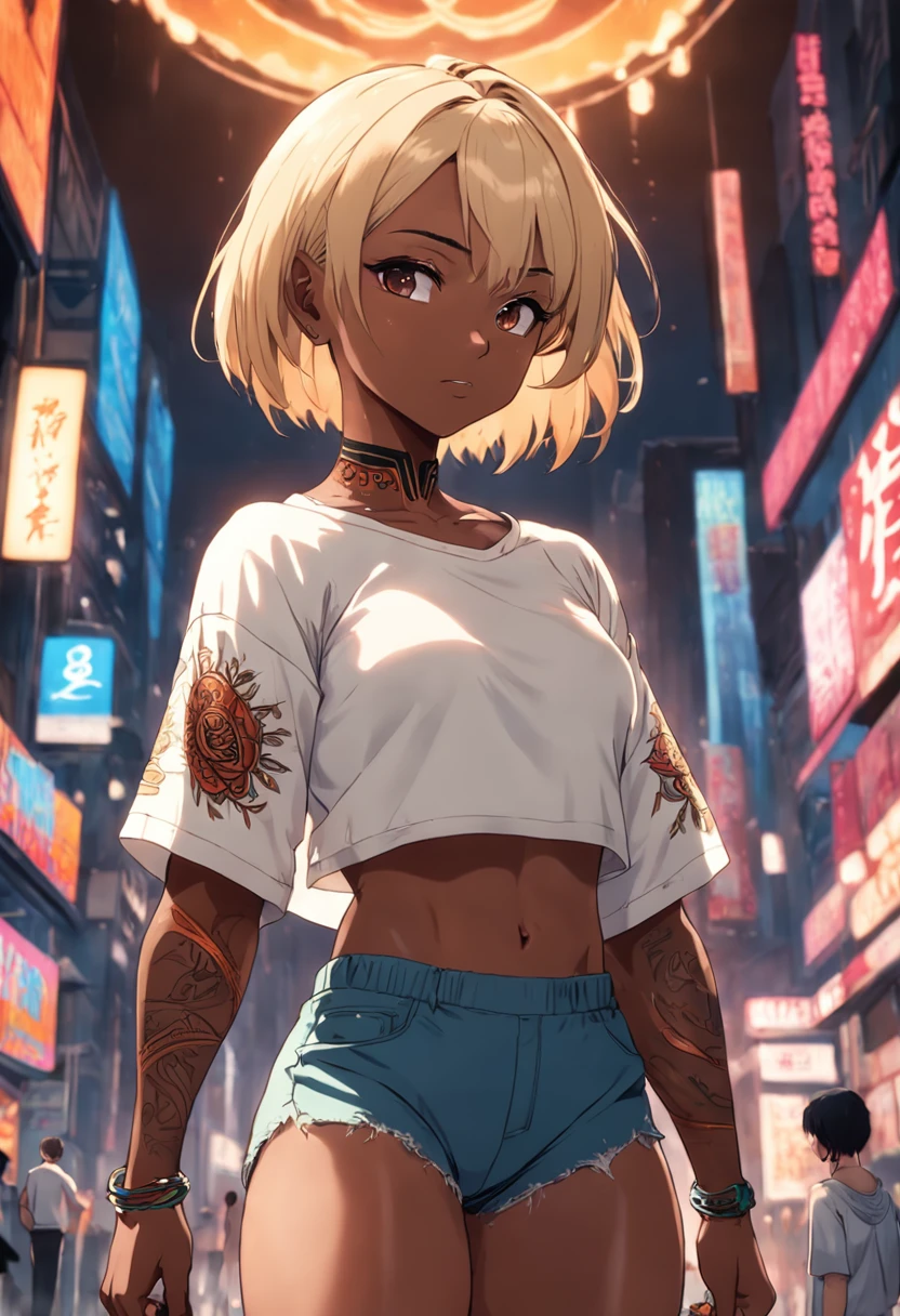 Dark skinned Amazonian adult female with blonde bob haircut, muscular, covered in tribal tattoos, wearing cropped long sleeve shirt, wearing short shorts, relaxing