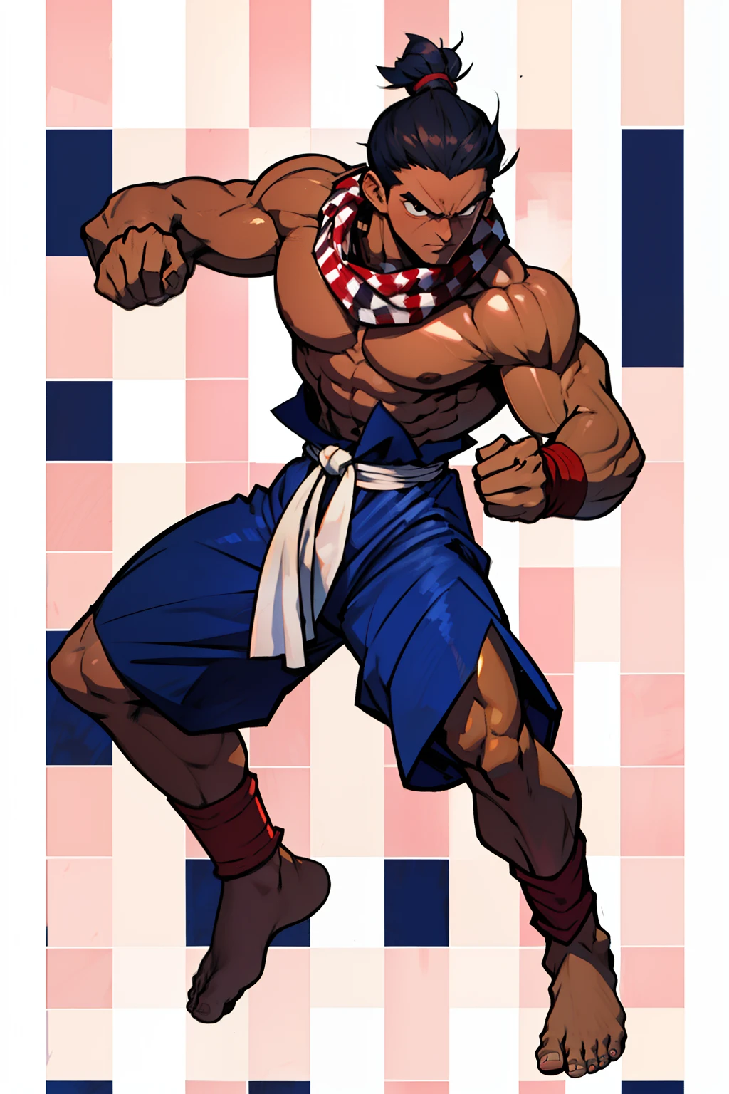 Khmer man warrior, full body to toes and feet, topless, dark brown tanned, street fighter, random boxing pose, men bun hair, (red white checkered pattern winter scarf wrapped around the neck), wearing navy blue boxing fighter shorts, white background,