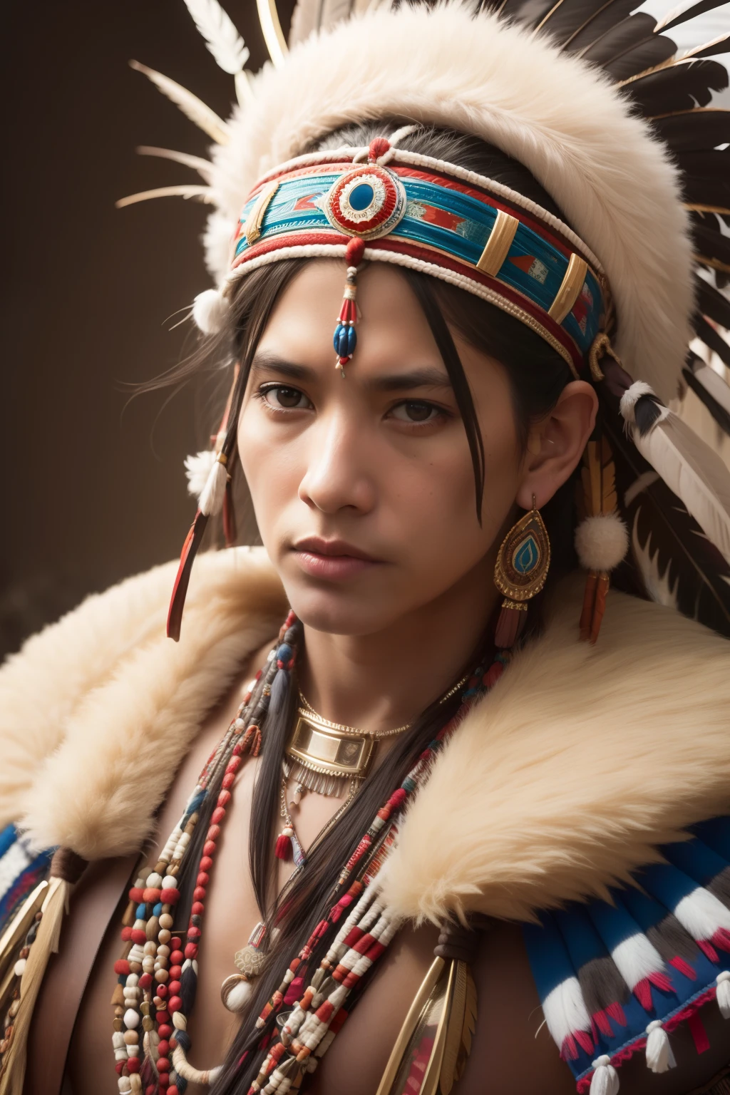 Dramatic portrait of Namen Roth, Color photo portrait 4k, 8k artistic portrait photography, Anthropological picture, portrait shot, portrait shot 8 k, Man with a headdress of feathers, Indian warriors, Skilled Apache warriors, Powerful Warrior, Thoughtful 4K representation, Native American Warriors, asian male. Aztec warriors, Native American Warriors, Spiritual Warrior, A hyper-realistic, 8K, 20mp, Fuji Film, perfect detail,Live Action,real looking skin,dramatic compositions,50 years old,