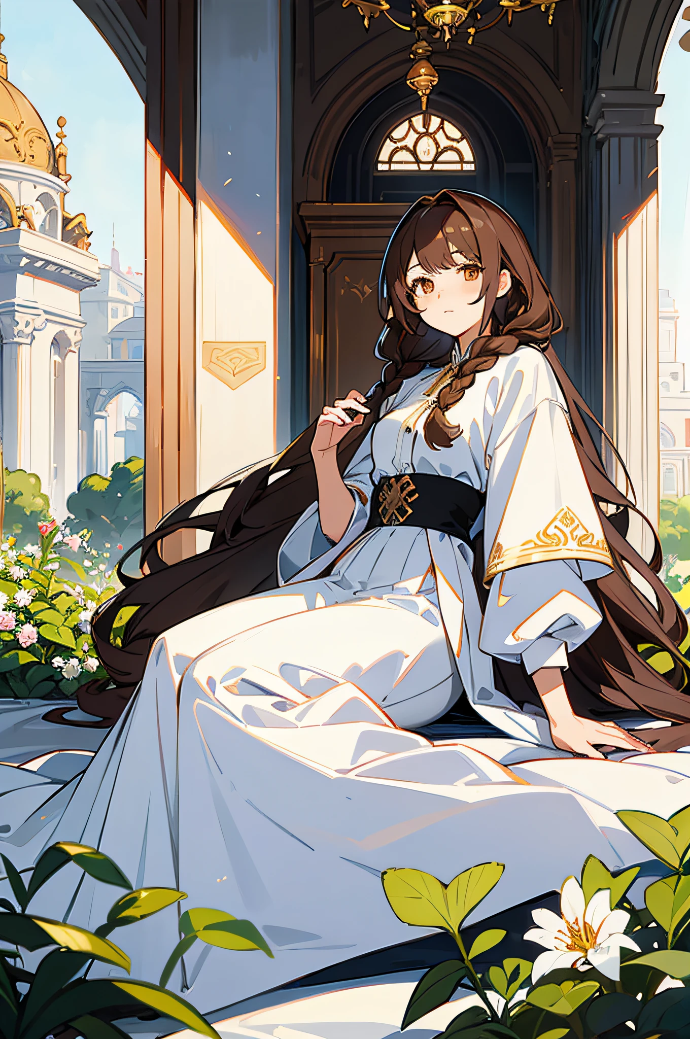 1 woman, (masterpiece, best quality:1.2), wearing white clothing, garden setting, very long hair, waist length hair, one braid on the left side of hair, brown hair, golden eyes