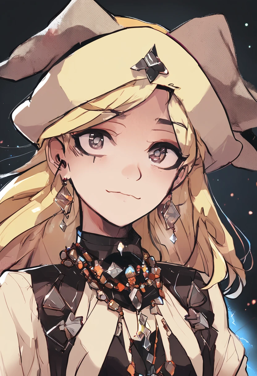 Nixeu, 1girl, black background, blonde hair, closed mouth, earrings, fur trim, gray eyes, hat, highlight, jewelry, big hat, light particles, long hair, looking at the audience, mixed language commentary, mole, mole, nostrils, raw, red lips, shadow face, shadow, simple background, solo, upper body, witch hat
