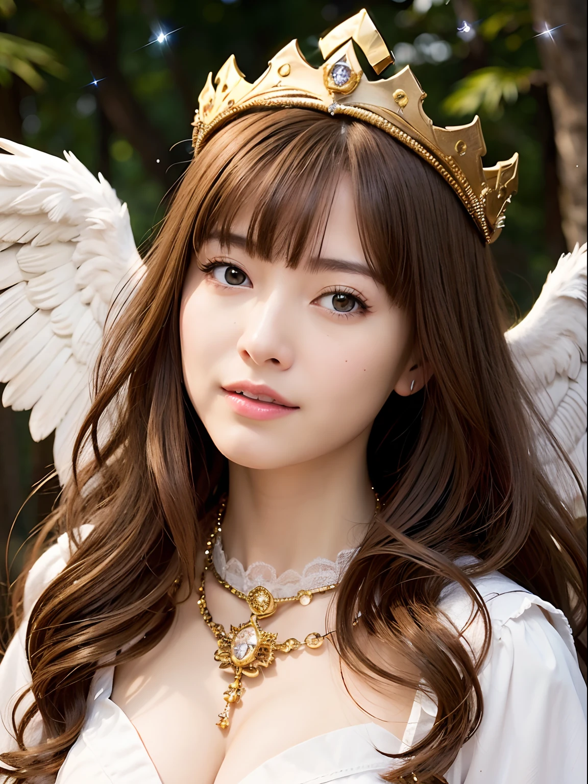 Naked beautiful angel:1.5 (NFSW)、(High resolution:1.5)、Highest quality,Very detailed,masterpiece,Super detailed,alone,( girl angel),,Angel is a beautiful girl、(Angel crown on head、White feathers on the back)、Seraphim, ((Angel is naked and has big breasts:1.5)), (The breasts are very large)、((Lying on her back on a big bed with her legs spread)、The bed is outdooridsummer Sunshine、Sensual look、Beautiful Eyes、Pinching your with your arms