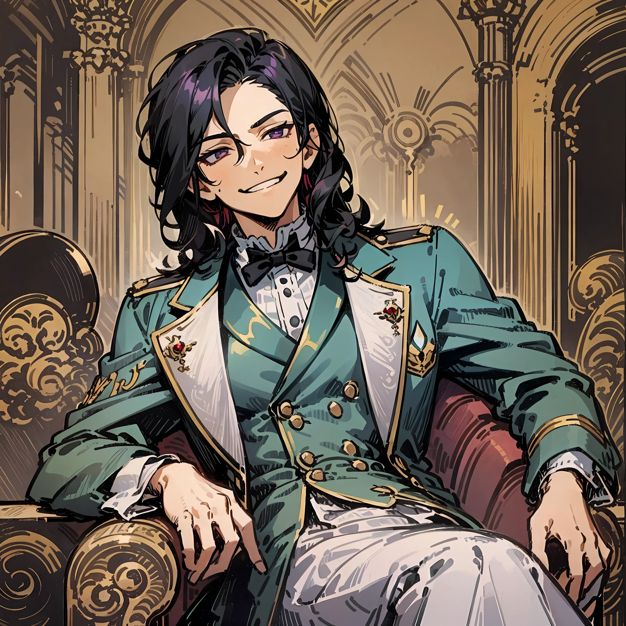 tmasterpiece, beste-Qualit, 1boy, aristocrat, portraite of a, upper-body, tailcoat, hairlong, black hair, smirk, Sits, violet eyes, Correct anatomy