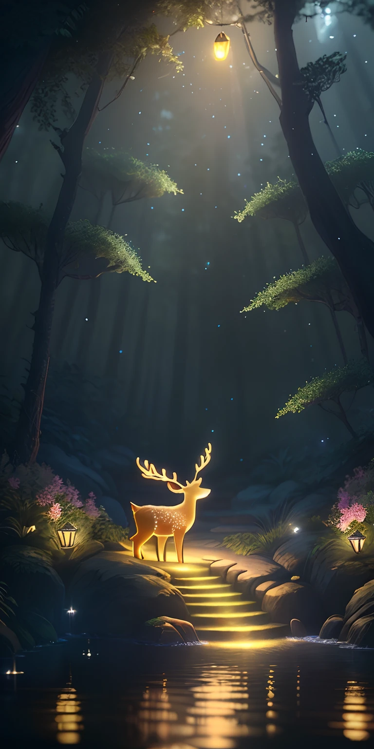 Masterpiece, best quality, (very detailed CG unity 8k wallpaper), (best quality), (best illustration), (best shadows), glow sprite, with a glowing deer, in the swimming pool Drinking water, natural elements in the forest theme. Mysterious forest, beautiful forest, nature, surrounded by flowers, delicate leaves and branches surrounded by fireflies (natural elements), (jungle theme), (leaves), (twigs), (fireflies), (particle effects) etc. 3D , Octane rendering, ray tracing, super detailed --v6