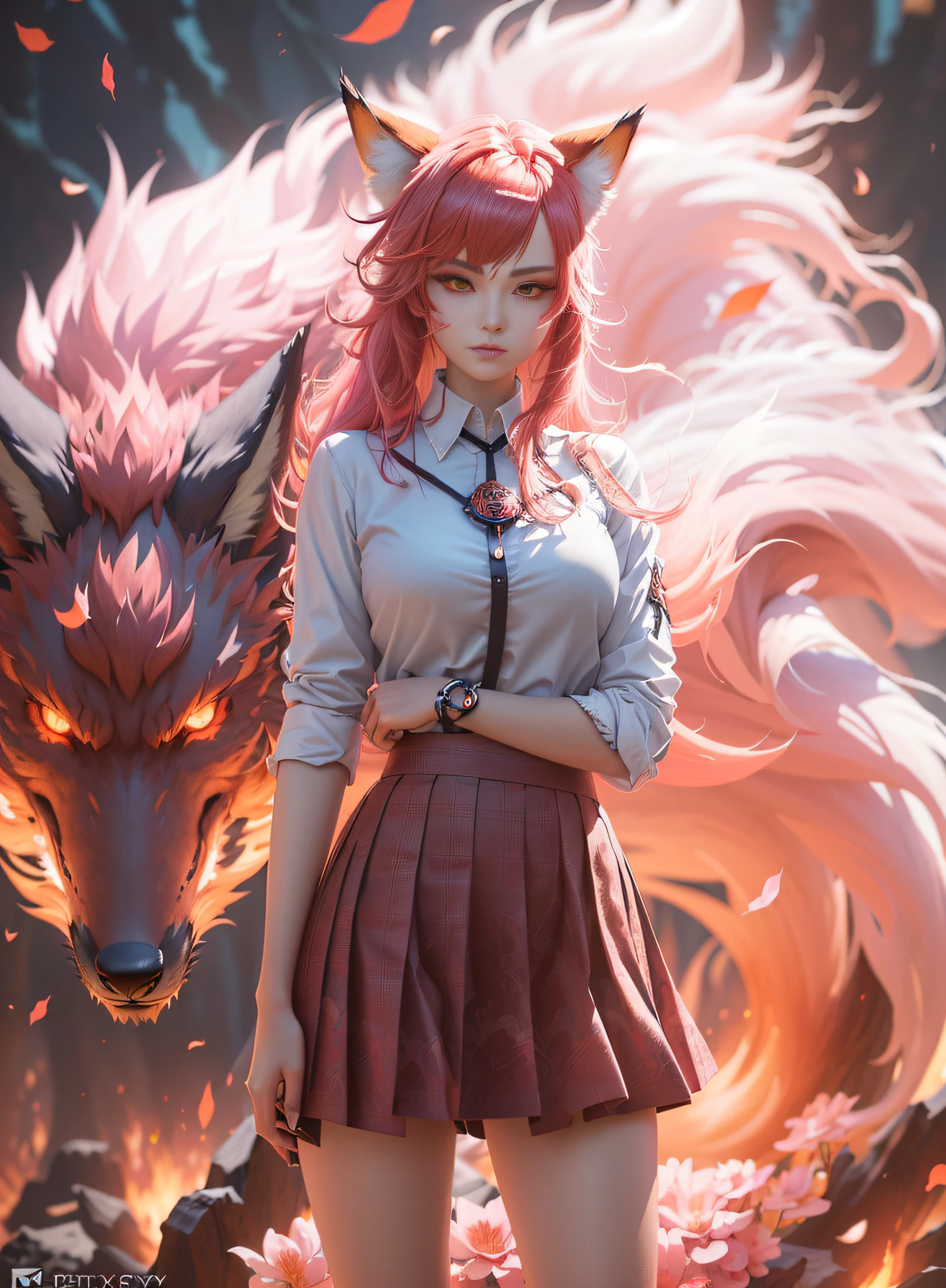 Anime girl in skirt and shirt,Showing fox ears, In the background, the fox demon has flaming hair, anime in fantasy style, Fantasy art style, 🌺 CGSesociety, angry high moral sexy werewolf, trending on artstation pixiv, Guviz-style artwork, Realistic anime 3 D style, trending on cgstation, Epic fantasy art style, realistic anime artstyle
