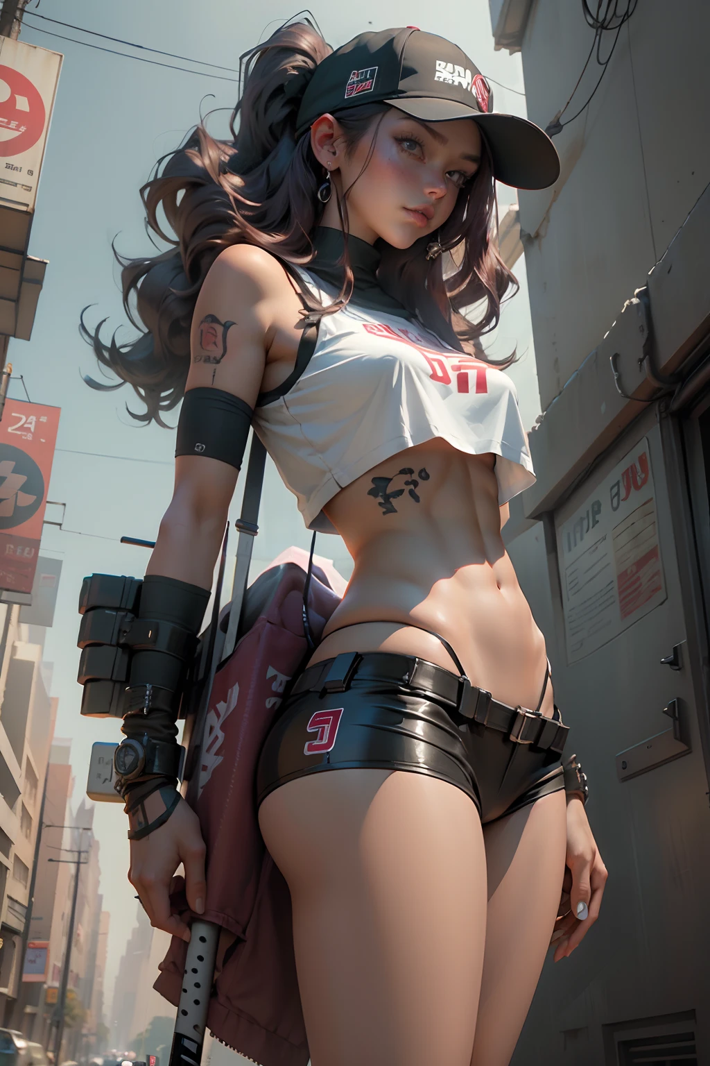 tmasterpiece,best qualtiy,8k wallpaper,The is very detailed,illustratio,(perfect bodies:1.1), 1个Giant Breast Girl, dual horsetail,wearing hat,Cyberpunk-inspired short outfits, Baseball bat, Turn Back