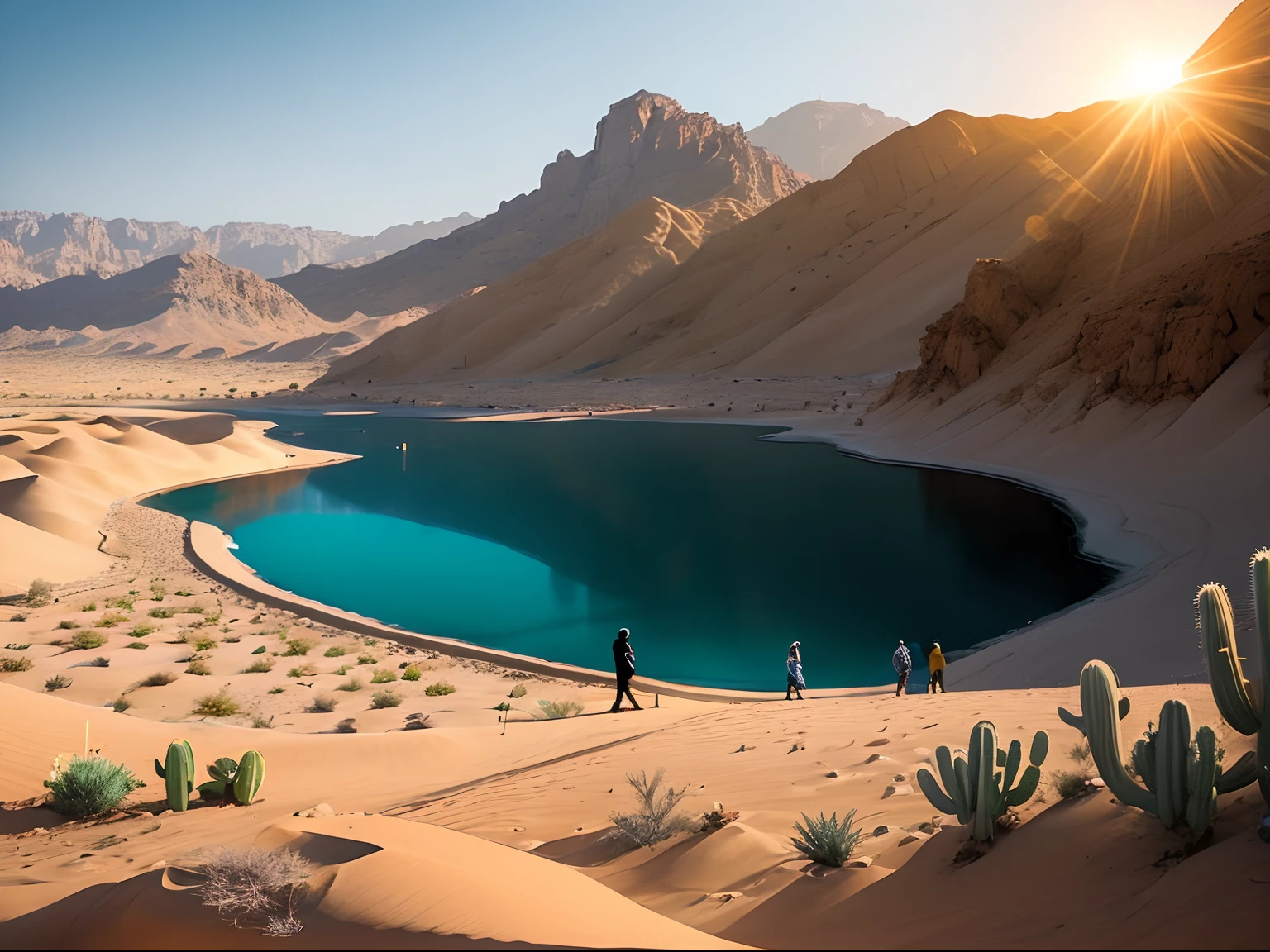 "(The best premium resolution at masterpiece level)Jordan valley,It shows a group of pilgrims walking in the desert,Pass by an oasis with crystal clear spring water,(Many pilgrims stand by the spring to rest:1.5),Desert plants and cacti,There is plenty of light during the day when the sun is shining,Showcase vibrant colors and ultra-detailed scene visuals。"