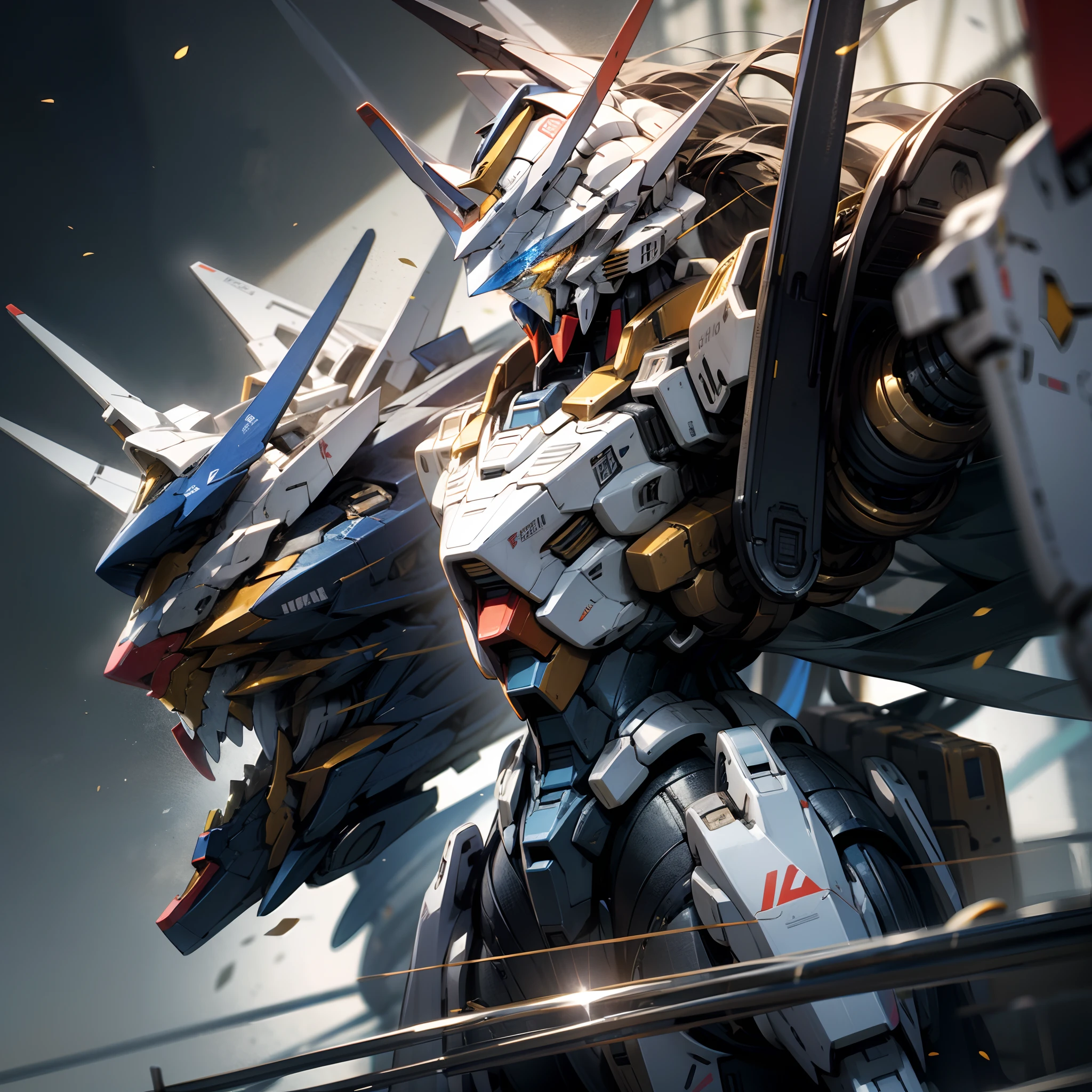 8K,tmasterpiece,high detal,hyper HD,The blue and white spaced of the mech,Gundam Mech,对称,(Full predecessor:1.5),Tall figure,the golden ratio,A giant sword in mecha form,Dynamic photography,Long exposure,White and blue freedom up to the limit ,Gundam Mech,Ride the Freedom Gundam,Gundam Liberty Style,showcased in combat posture,Studio environment,Combat posture,soft ambient light,super detailing,metal texture and tension composition,Ultra photo realsisim,C4D,oc rendered,。.3D,Ultra HD16K,The entire mech is to,Stand head-on,facing at camera,A full-angle display。