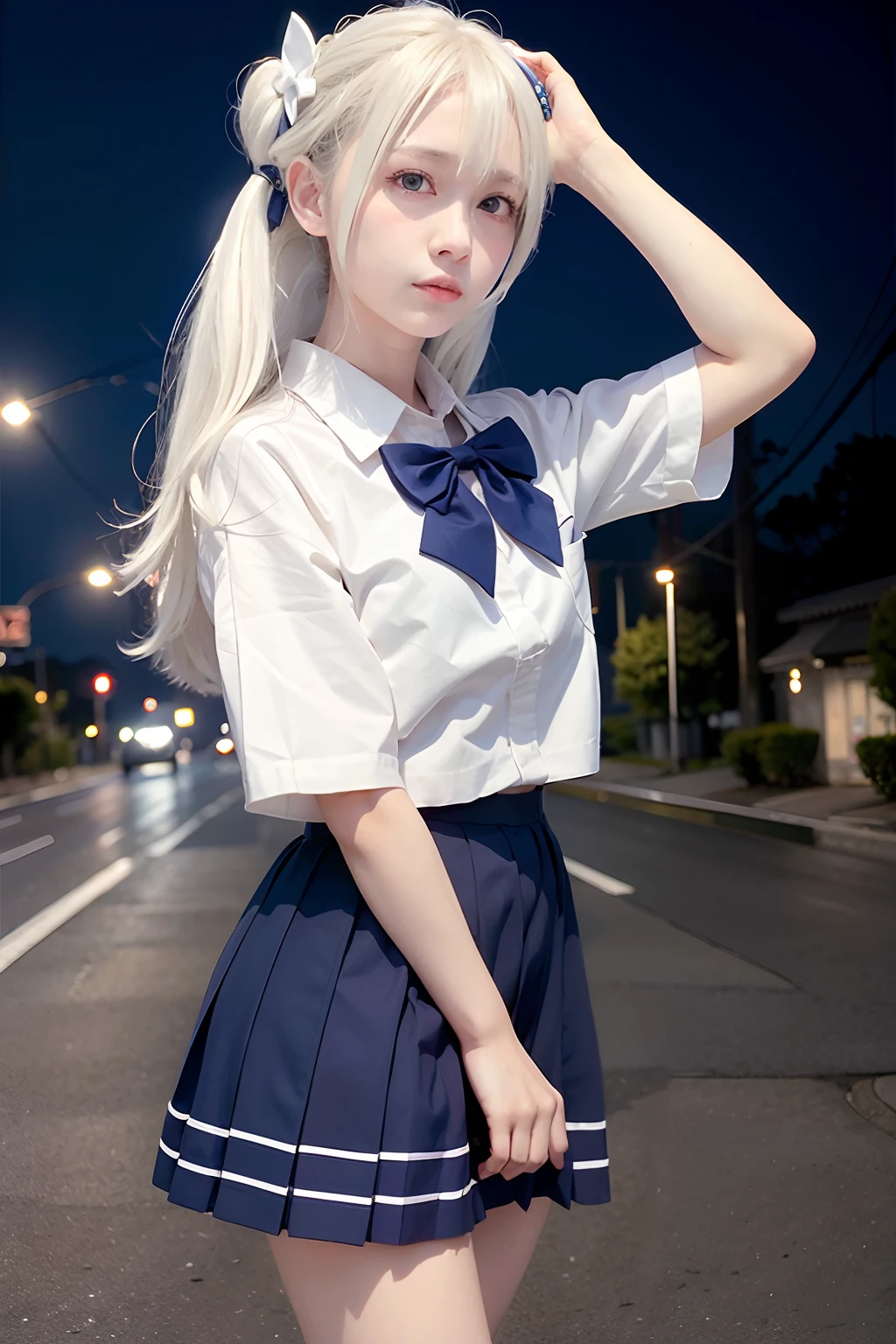 (8k, RAW photo, best quality, masterpiece:1.3),(realistic,photo-realistic:1.37),(night),(looking at viewer:1.331),(white hair),posing,Tokyo street,nightcityscape, cyberpunk city,soft light,1girl,extremely beautiful face,bust,put down hands,Random hairstyle,Random expression,big eyes, ,lower abdomen,(short-sleeved 
JK_shirt),JK_style,(dark blue JK_skirt) ,(bow JK_tie),mix4