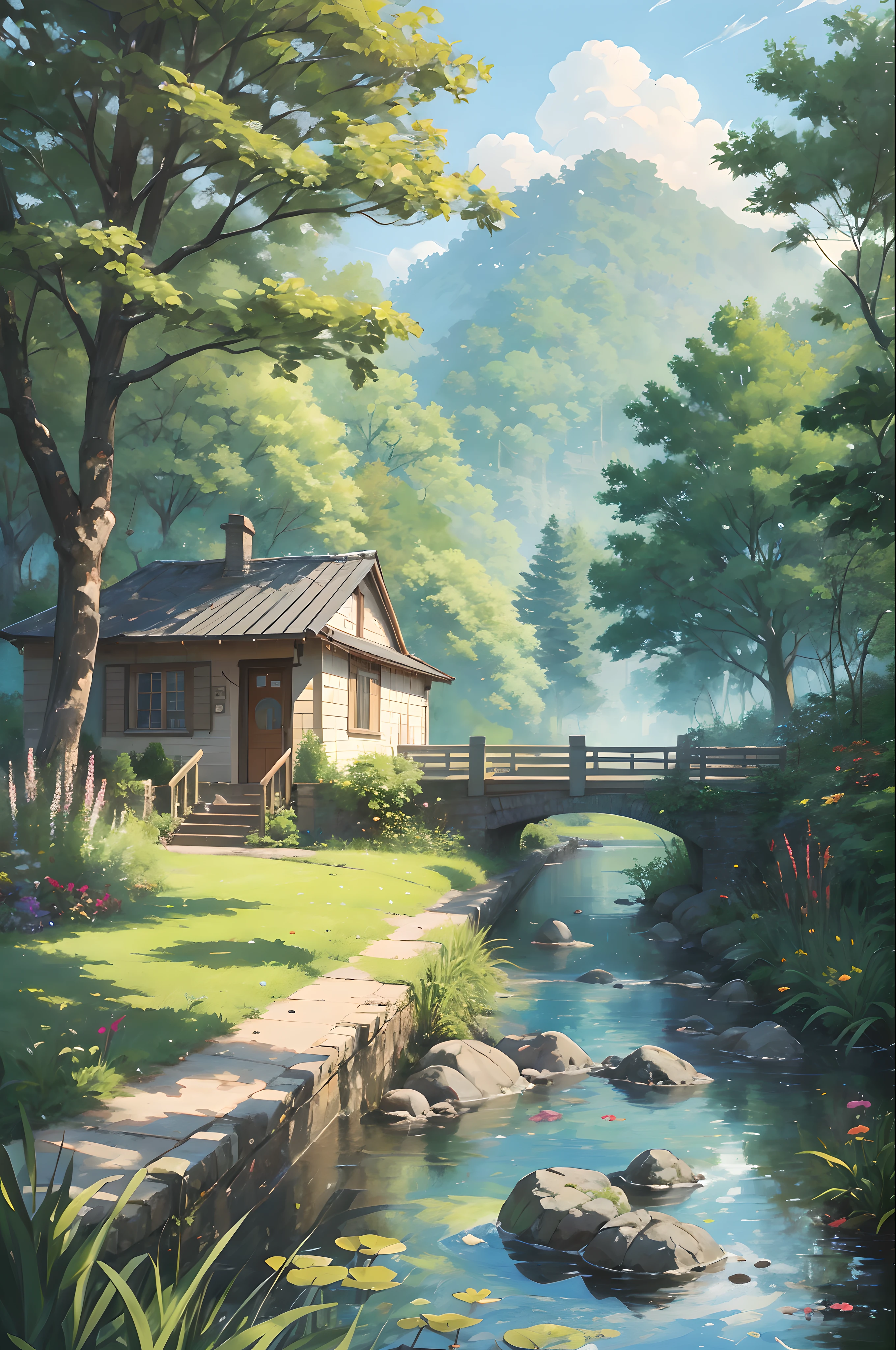 Create a summer landscape,Capture the beauty and tranquility of a sunny day in the countryside. The painting should be colorful and vibrant, Depict lush greenery with warm tones and bold brushstrokes, Rolling hills, and blue sky. You can choose to include small streams, Several trees, Or a farmhouse in the background,to add depth and interest to the painting. Make sure to pay attention to the position of the elements and the overall composition of the painting,to create a sense of balance and harmony. Use your imagination and creativity,Bring the scene to life on the canvas, And feel free to experiment with different techniques and styles to achieve the desired effect. ,Kizi,whitestocking,long whitr hair --auto --s2