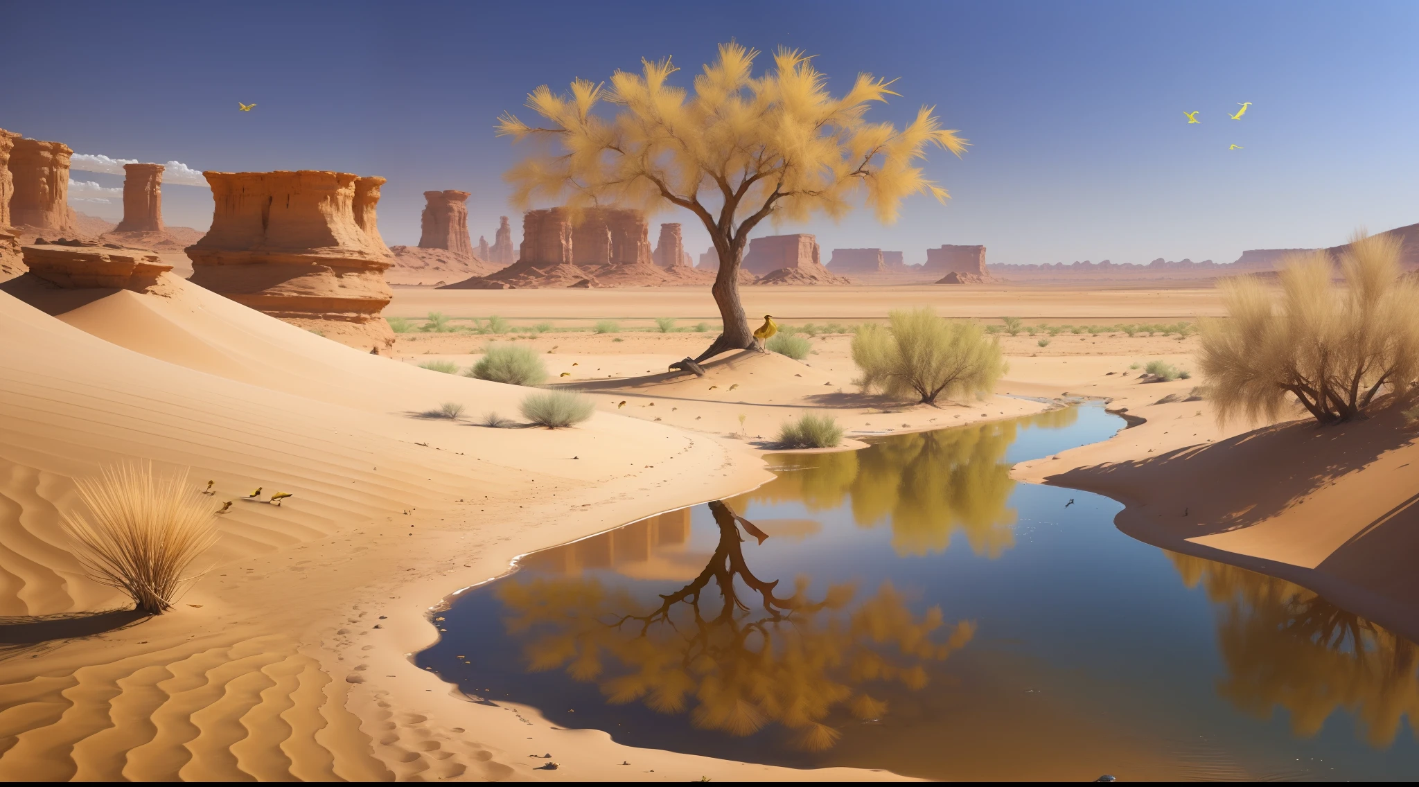 On the northern edge of the desert,Oasis with yellow sand,Birds dance with camels,A small river with crystal clear water can be seen,Flowing water,Wind your way west along the desert,On both sides of the creek,Willow trees can be found everywhere、Poplars stand tall and green,Intricate roots,It resembles a coiled dragon。It's beautiful。