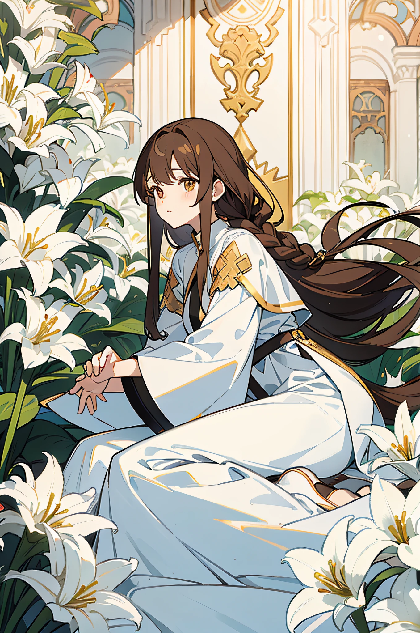 1 woman, (masterpiece, best quality:1.2), wearing white clothing, garden setting, white lily, very long hair, wasit length hair, one braid on the left side of hair, brown hair, golden eyes
