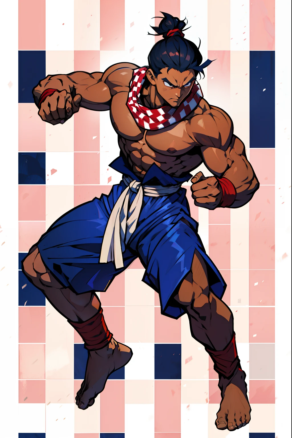 Khmer man warrior, full body to toes and feet, topless, dark brown tanned, street fighter, random boxing pose, men bun hair, (red white checkered pattern winter scarf wrapped around the neck), wearing navy blue boxing fighter shorts, white background,