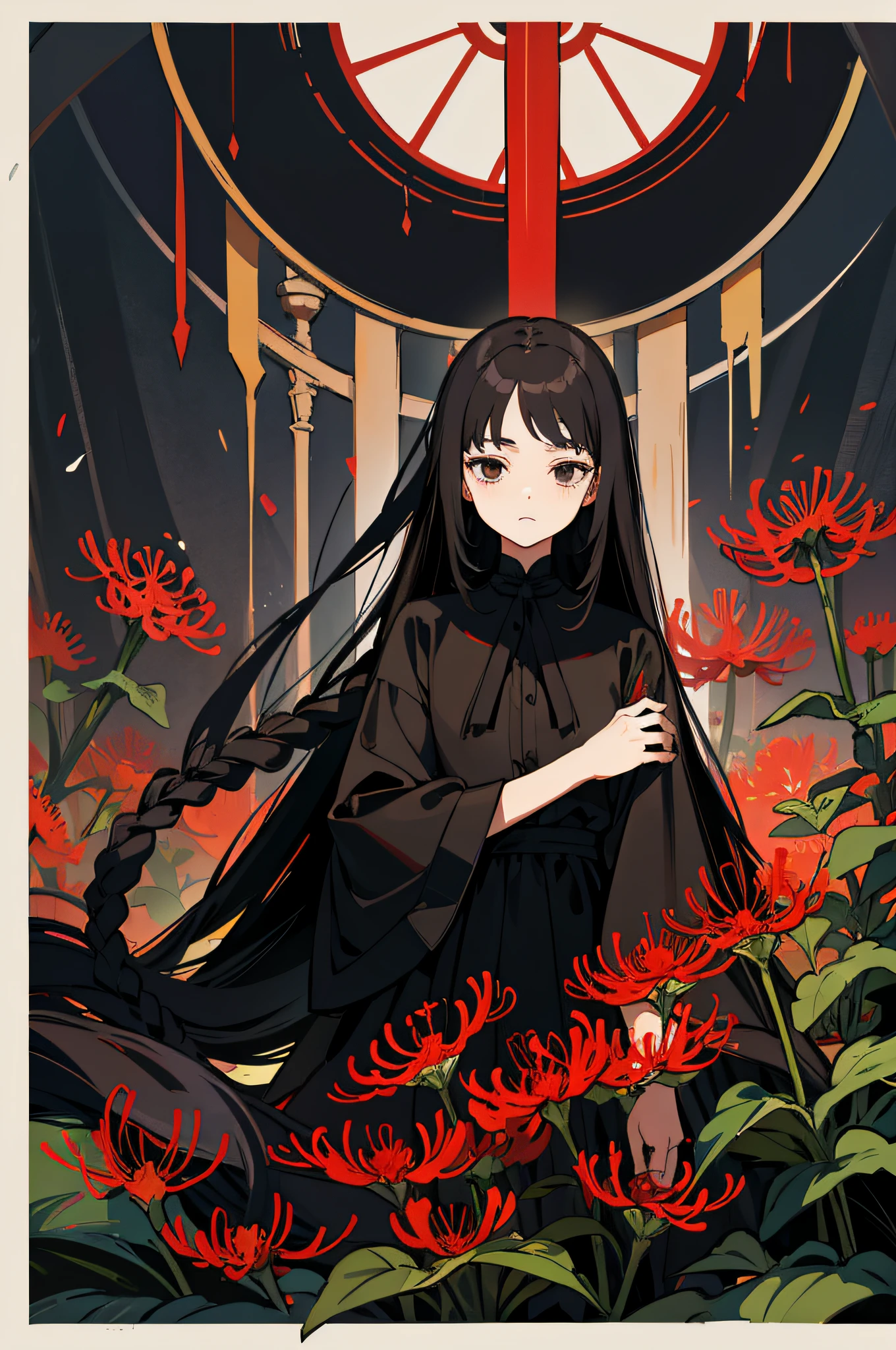 1 woman, (masterpiece, best quality:1.2), wearing black clothing, garden setting, red spider lily, dark theme, very long hair, arm length hair, fully braided hair, black hair, black eyes