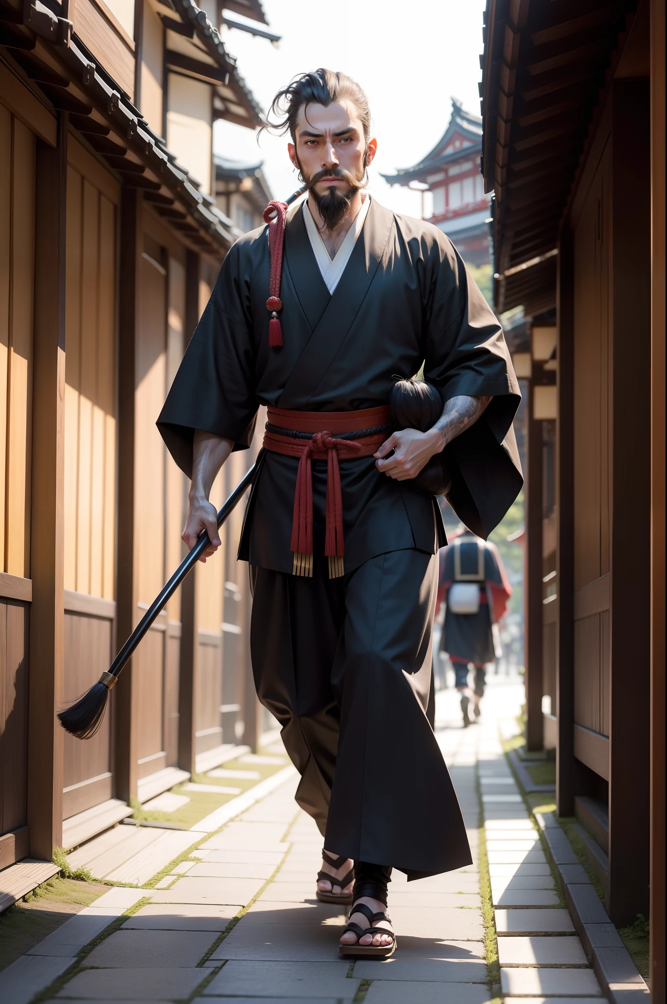 European thin man with a beard, thin, dressed as a samurai, carrying a hoe, walking in Kyoto (japan)