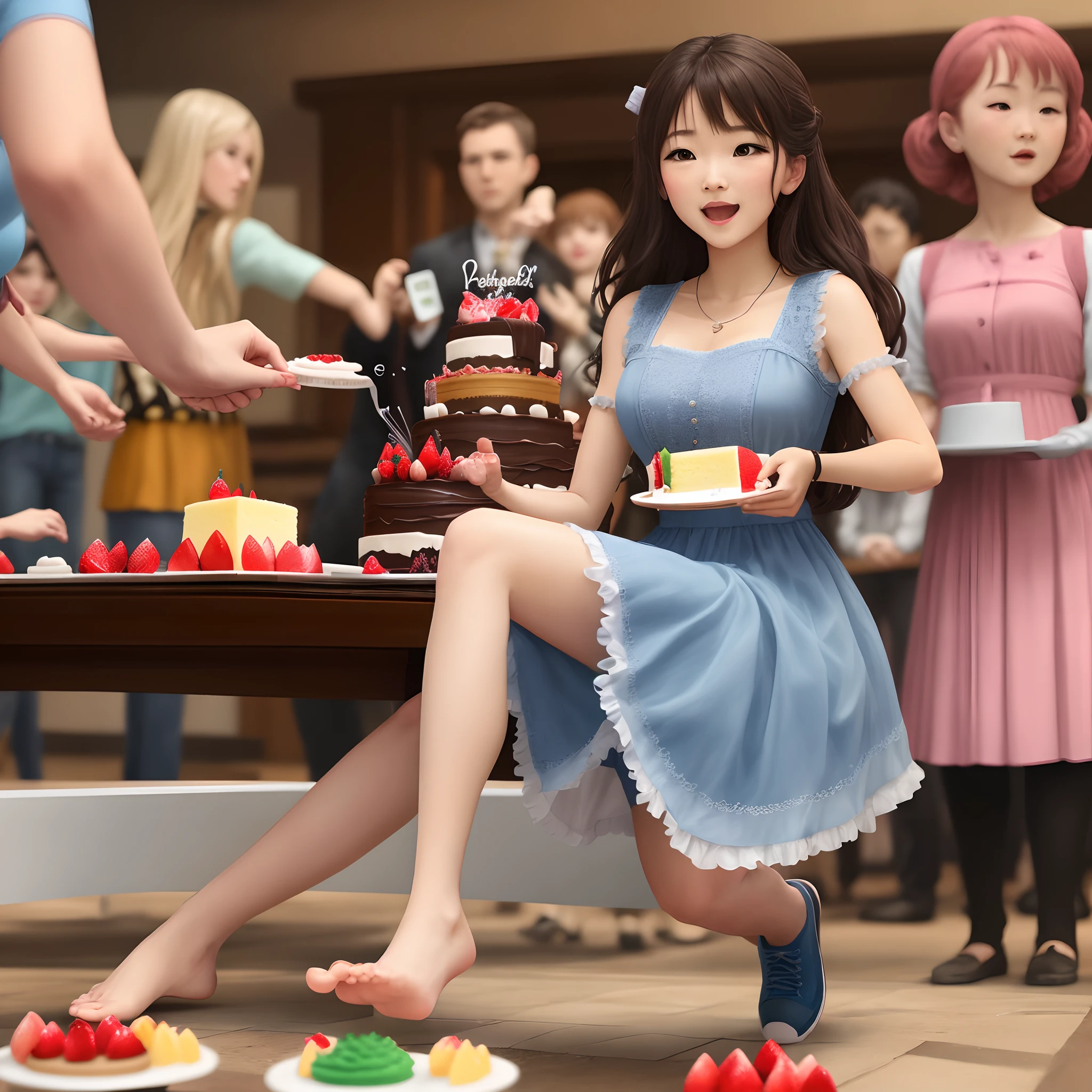 The girl's foot accidentally stepped on the cake