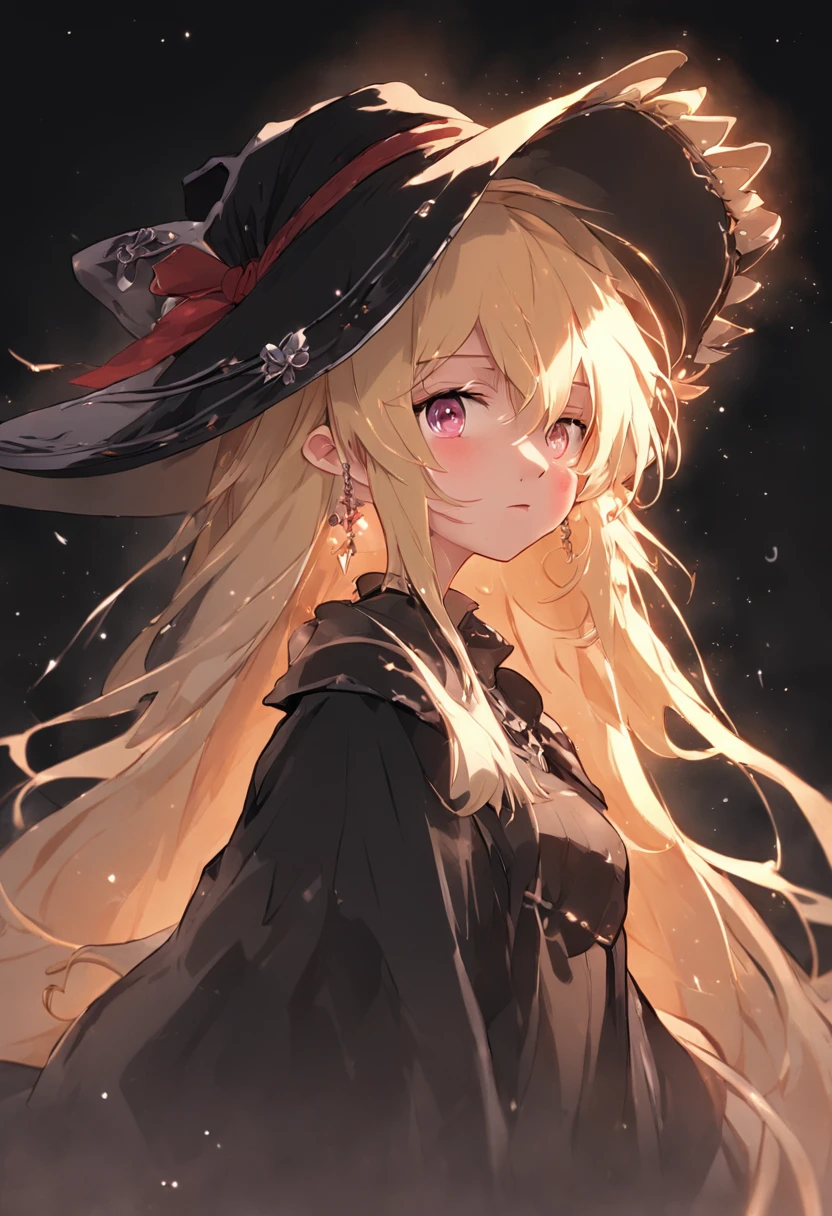 Nixeu, 1girl, black background, blonde hair, closed mouth, earrings, fur trim, gray eyes, hat, highlight, jewelry, big hat, light particles, long hair, looking at the audience, mixed language commentary, mole, mole, nostrils, raw, red lips, shadow face, shadow, simple background, solo, upper body, witch hat