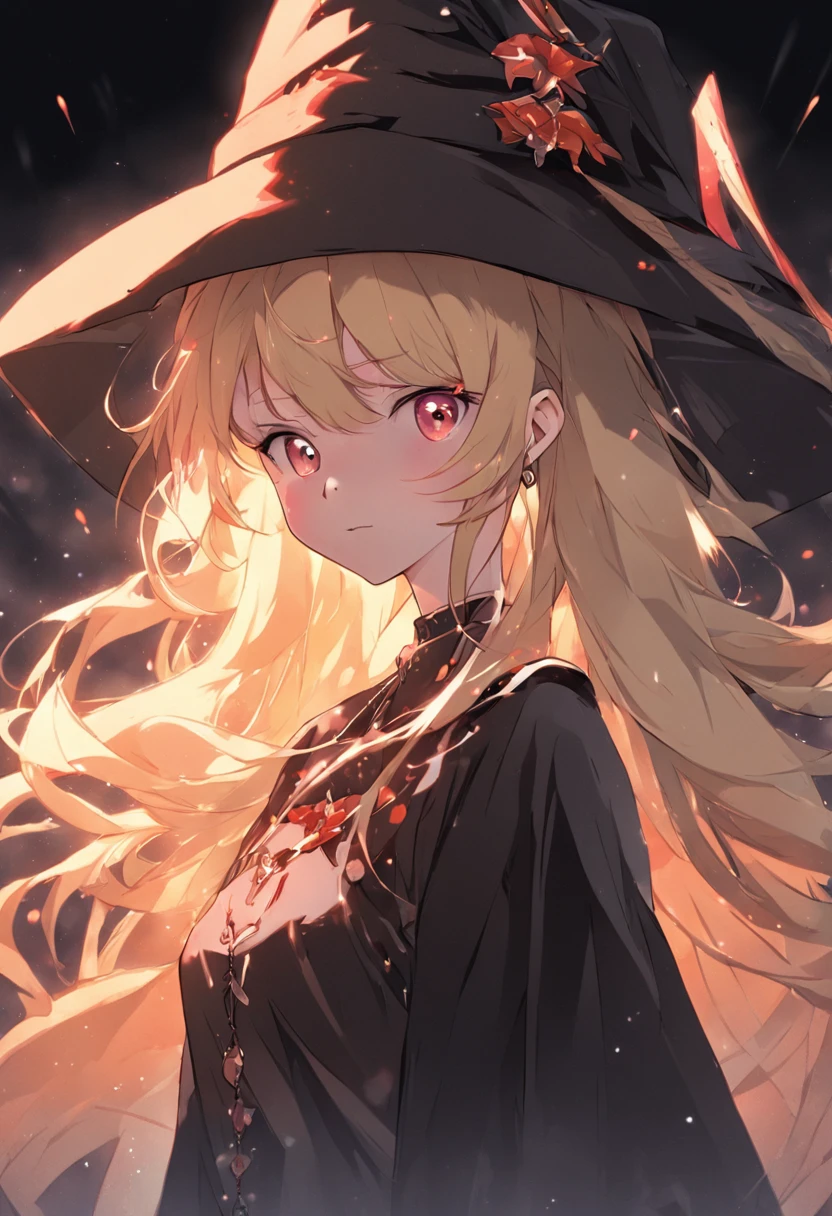 Nixeu, 1girl, black background, blonde hair, closed mouth, earrings, fur trim, gray eyes, hat, highlight, jewelry, big hat, light particles, long hair, looking at the audience, mixed language commentary, mole, mole, nostrils, raw, red lips, shadow face, shadow, simple background, solo, upper body, witch hat