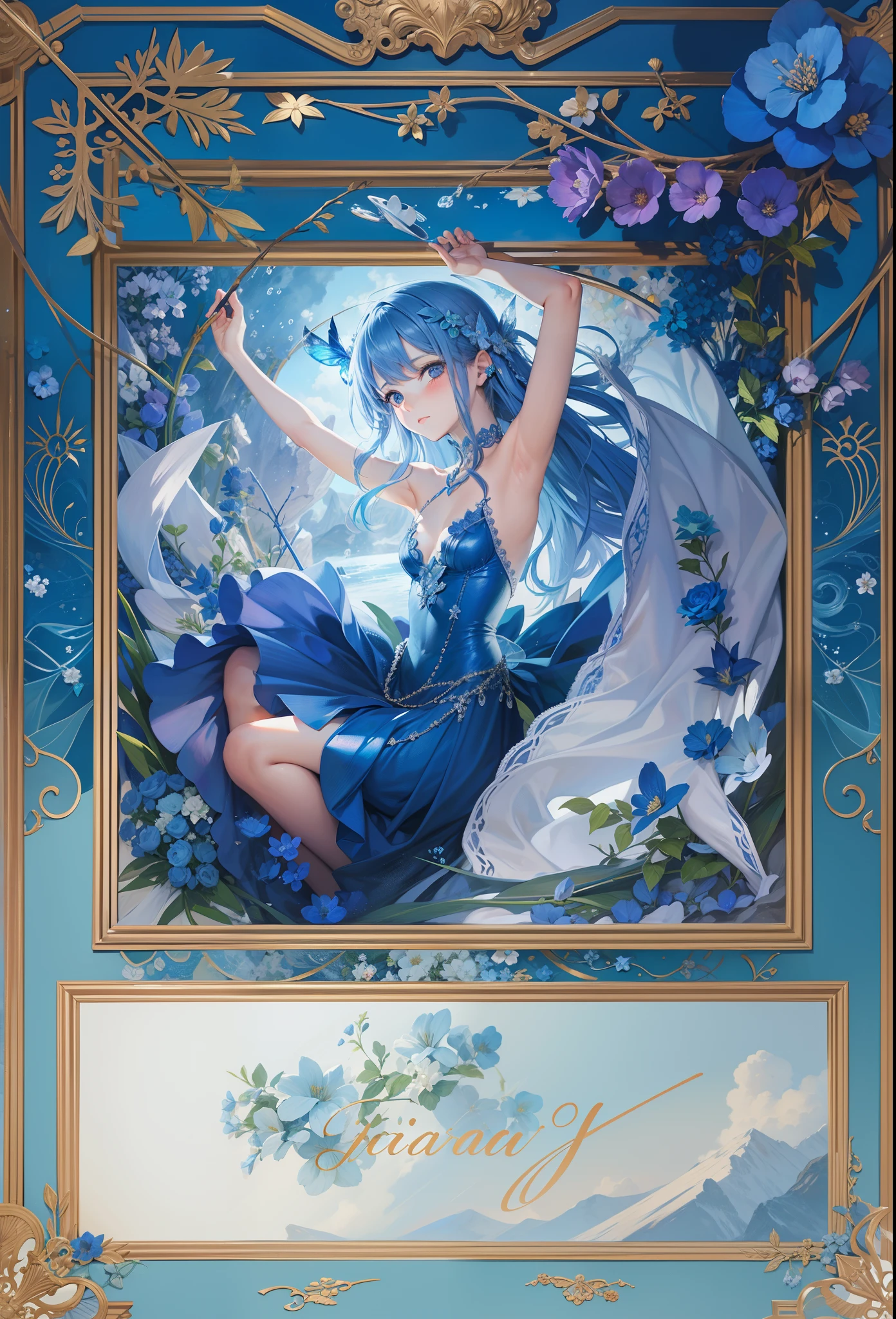 Draw as is，Blue Fairy，Broken flower border，Normal posture