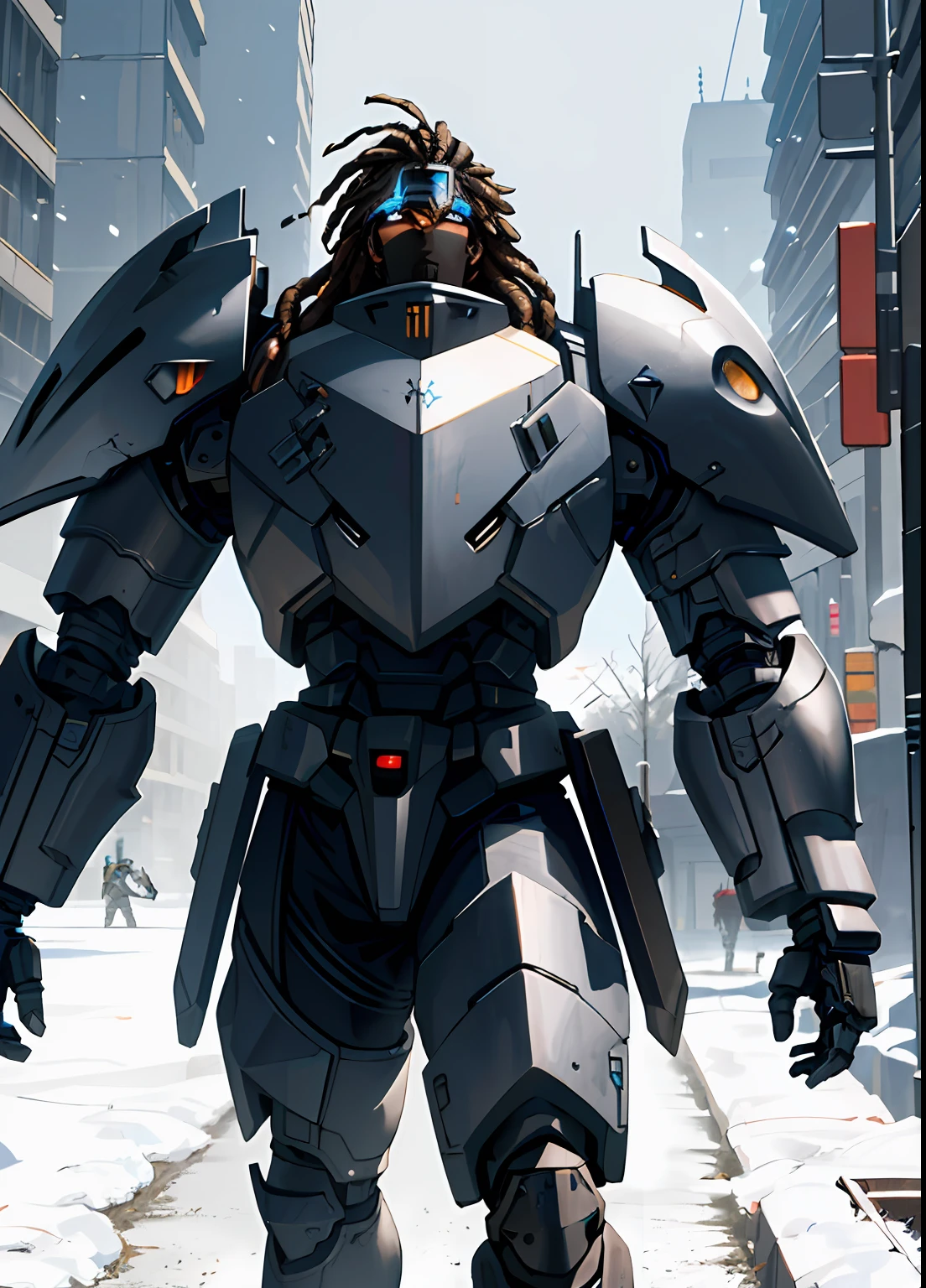 ((Best quality)), ((masterpiece)), (highly detailed:1.3), 3D, cyberpunk, 1 dark skinned male, visor, black dreadlocks, young, no beard, mechanical muscle, tall chunky cyborg, silver mech plate armor, giant weapons attached to armor, snowy steampunk canyon background