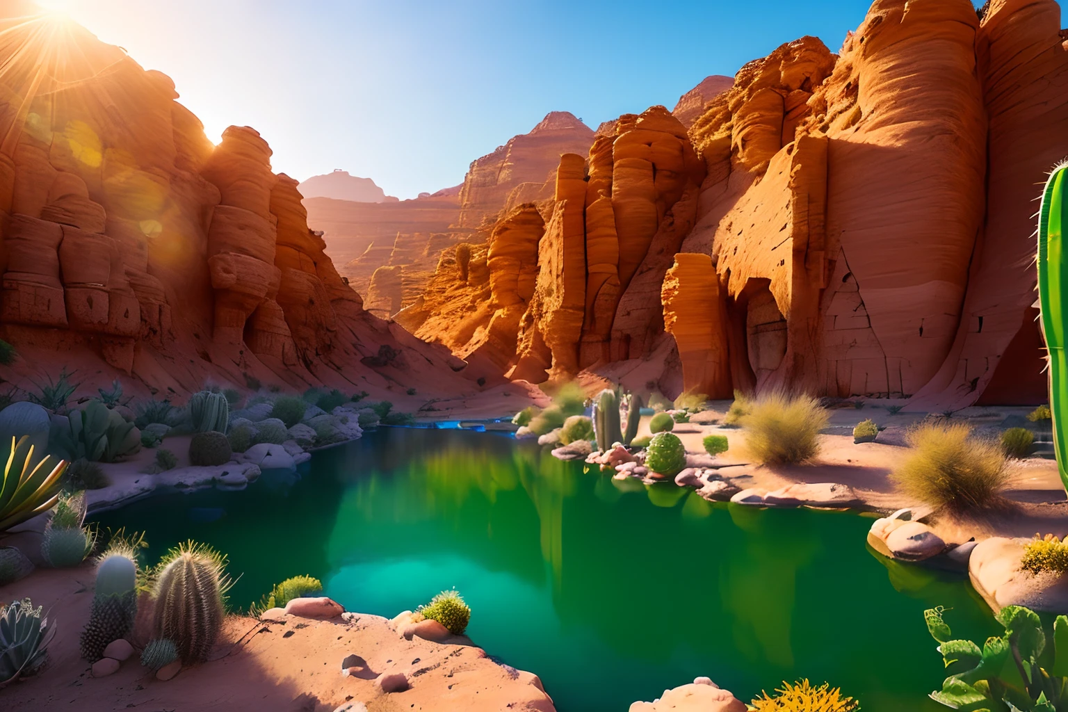 ((Masterpiece+Best quality+high resolution),(Jordan valley:1.2),(Pilgrims walk through an oasis in the desert),There is a crystal clear spring in the oasis,Many pilgrims rest at the water's edge,Desert plants,cacti,(Wide shot:1.1),(Sunny day:1.1),(vivd colour:1.2),(Detailed visuals:1.2+Ultra detailed scene:1.1))