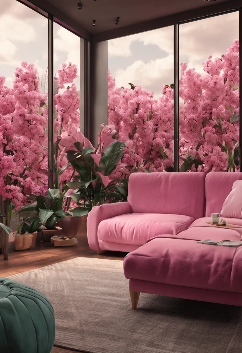 Interior design,cozy contemporary living room,Covered with pink flowers,There are flowers all over the window,4k,The picture is simple,award-winning contemporary interior design