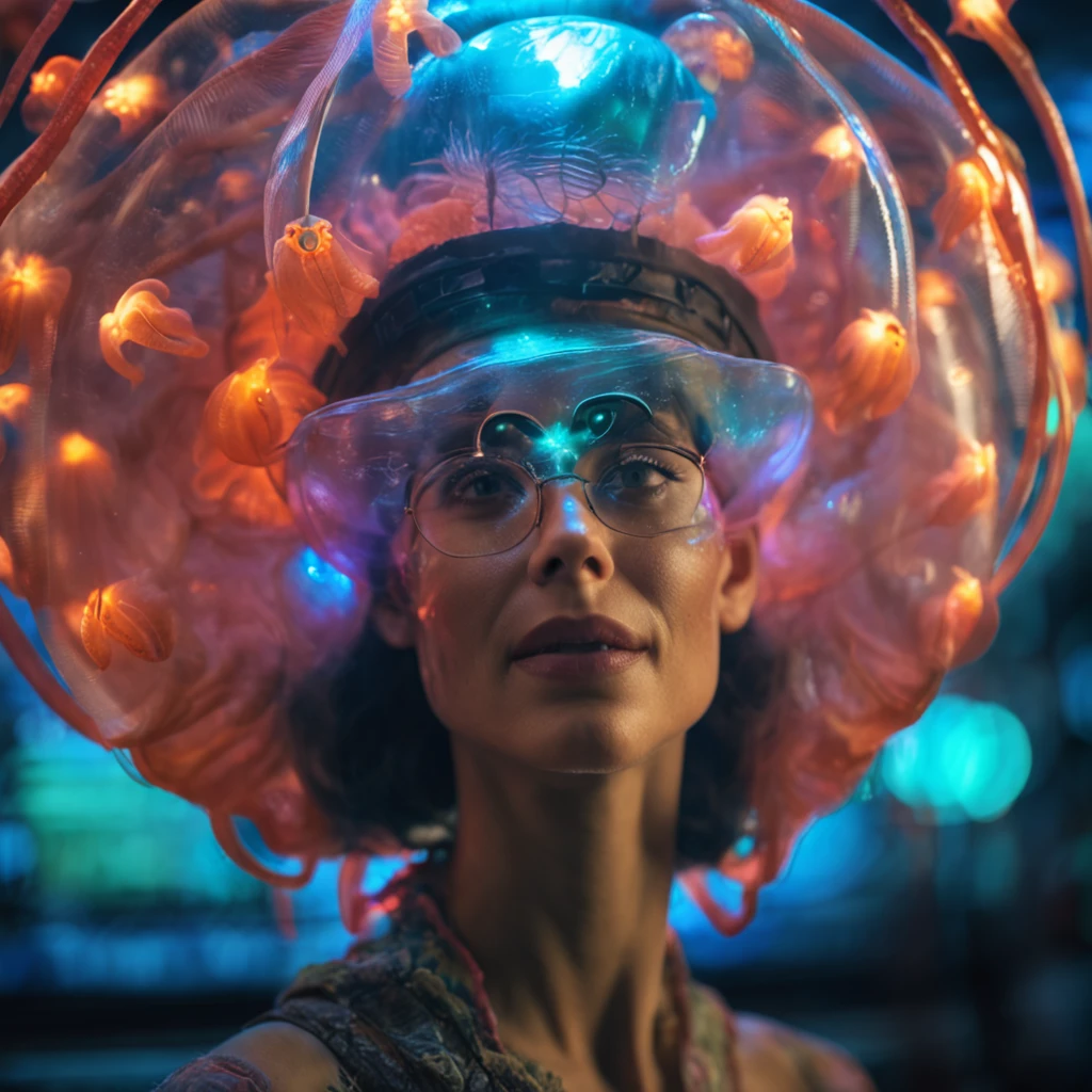 (Adult Finland woman:1.6), (fish bowl on her head:1), mall, fantasy, Wonderful Bioluminescence creatures, big number of glowing jellyfish, visible light spectrum, dark background, best quality, sunlight, detailed face, gorgeous eyes, realistic skin details, high quality, seen from below, romantic, high quality, film grain, Cinematic Light, sidelighting, sharp focus