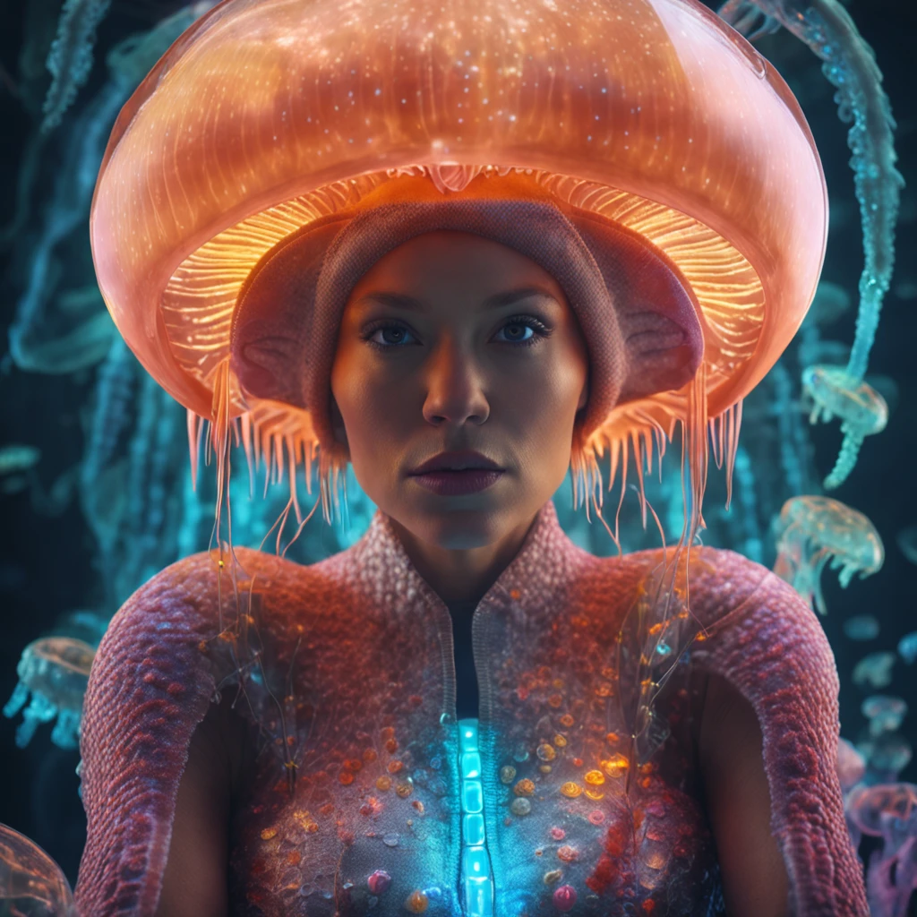 (Adult Finland woman:1.6), (fish bowl on her head:1), mall, fantasy, Wonderful Bioluminescence creatures, big number of glowing jellyfish, visible light spectrum, dark background, best quality, sunlight, detailed face, gorgeous eyes, realistic skin details, high quality, seen from below, romantic, high quality, film grain, Cinematic Light, sidelighting, sharp focus