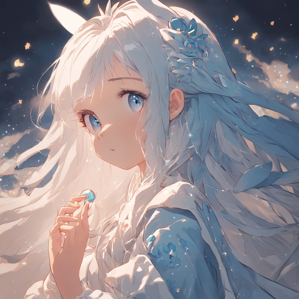 Flat coating,Flat coating,Flat coating,((illustration)),highly detailed,{best quality},((Exquisitely)),Niji style,A girl with long white hair wearing a princess dress,blue,Holding a white rabbit doll,Detailed light and shadow,Blue sparkle,Extra beautiful