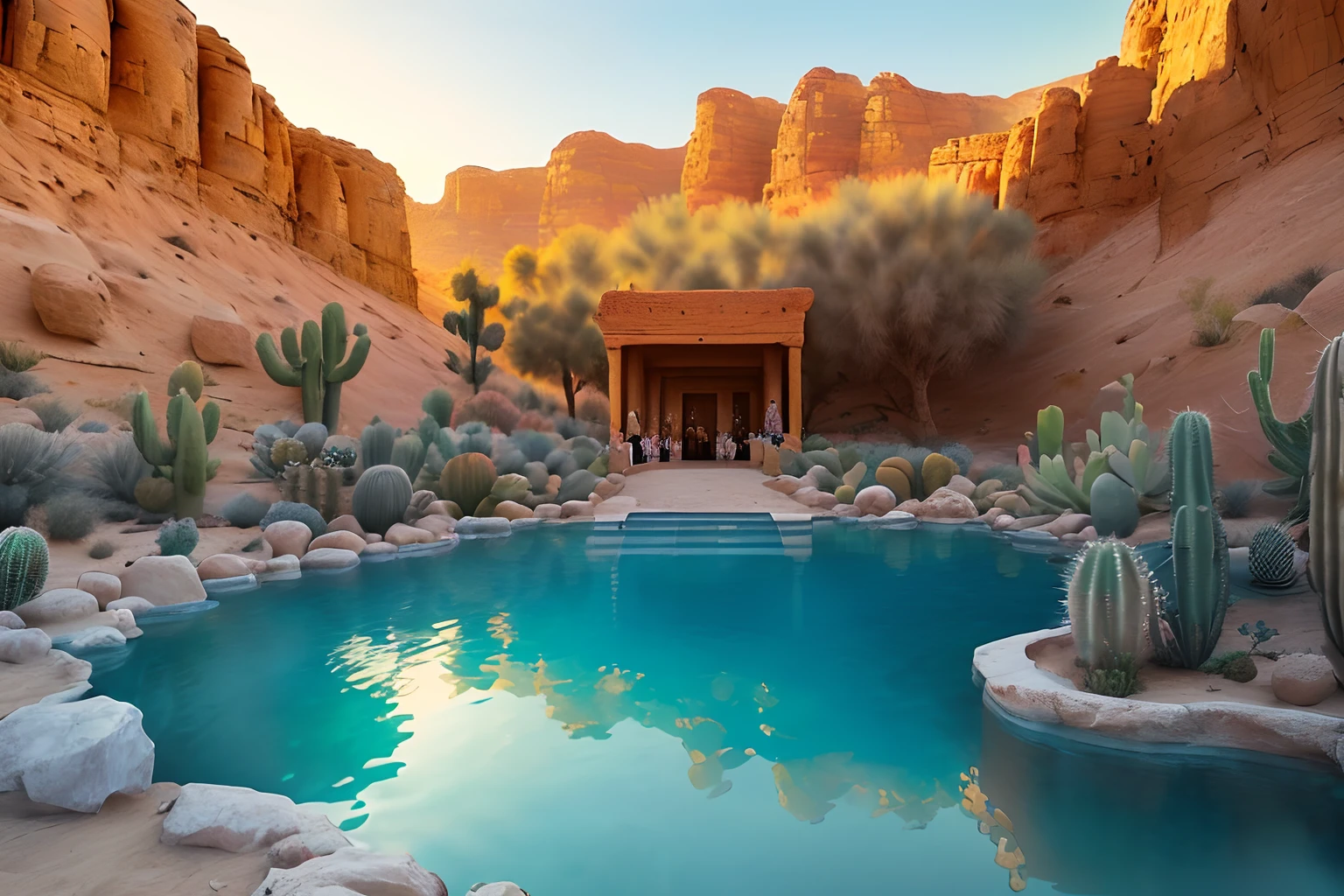 ((Masterpiece+Best quality+high resolution),(Jordan valley:1.2),(Pilgrims walk through an oasis in the desert),Lots of pilgrims,There is a pool of crystal clear water in the oasis,Desert plants,cacti,(Wide shot:1.1),(Sunny day:1.1),(vivd colour:1.2),(Detailed visuals:1.2+Ultra detailed scene:1.1))
