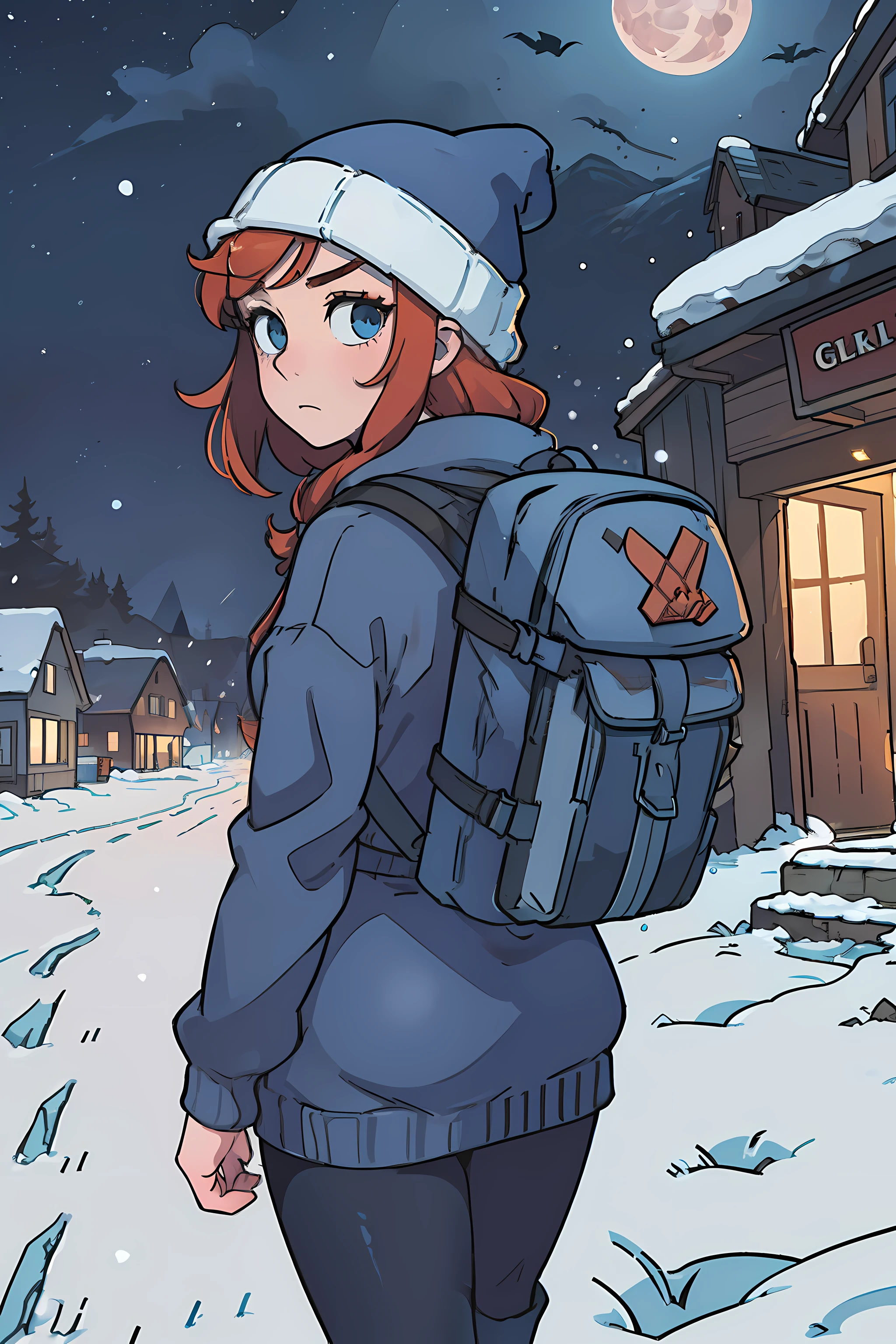 masterpiece, cinematic angle, dynamic framing, close up, low shot poster, from behind, back shot a wide shot of a beautiful, slim redhead woman wearing a bright blue sweater, tights, beanie, boots, and a backpack walking into a small, creepy town at night, weather snowing, snowy, blizzard with scary, dark atmosphere, large moon