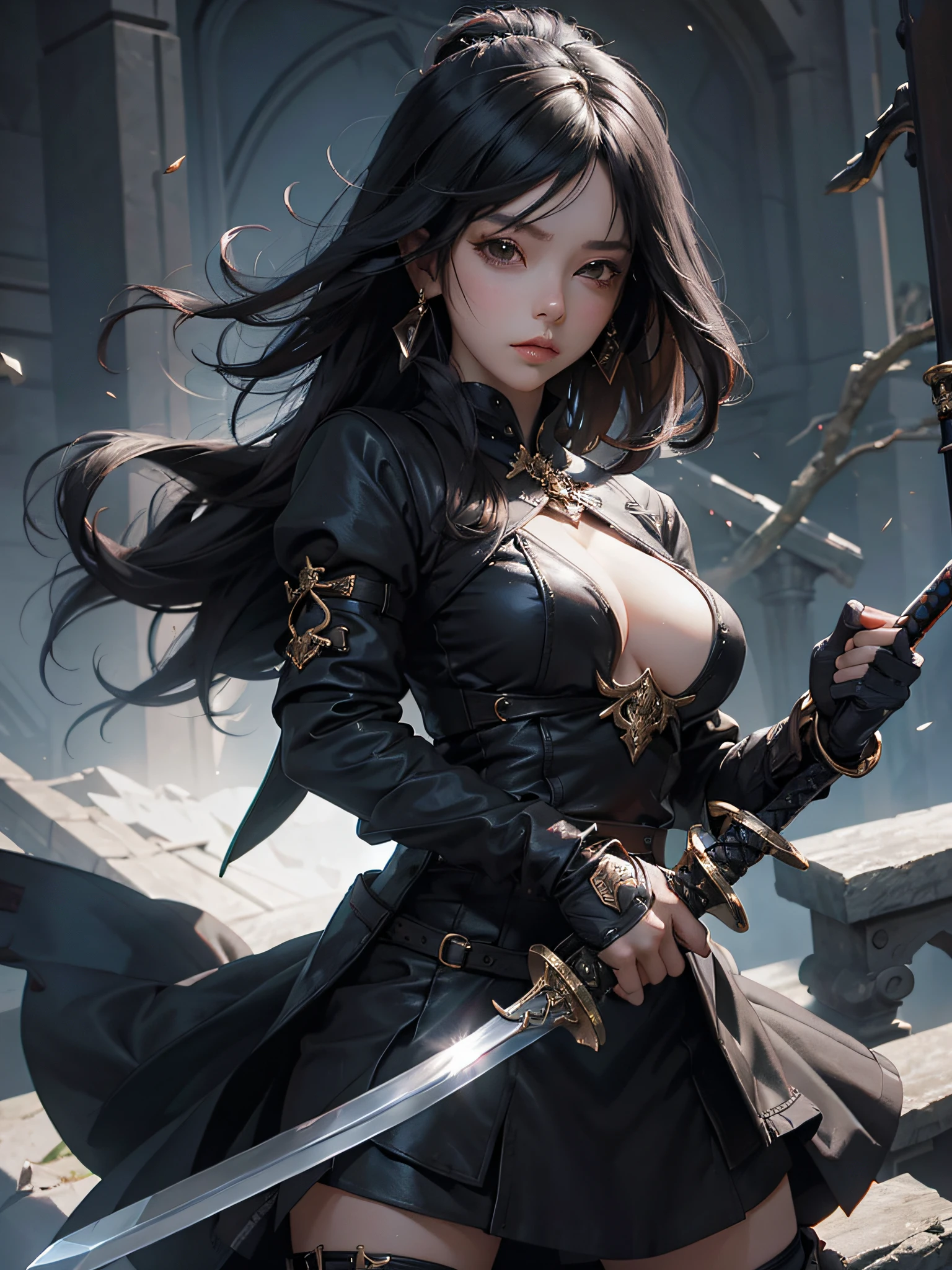 1girl, weapon, sword, jewelry, earrings, black_hair, breasts, solo, gloves, holding_weapon, holding_sword, medium_breasts