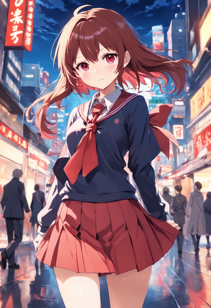 Anime girl in a school uniform walking down a street - SeaArt AI