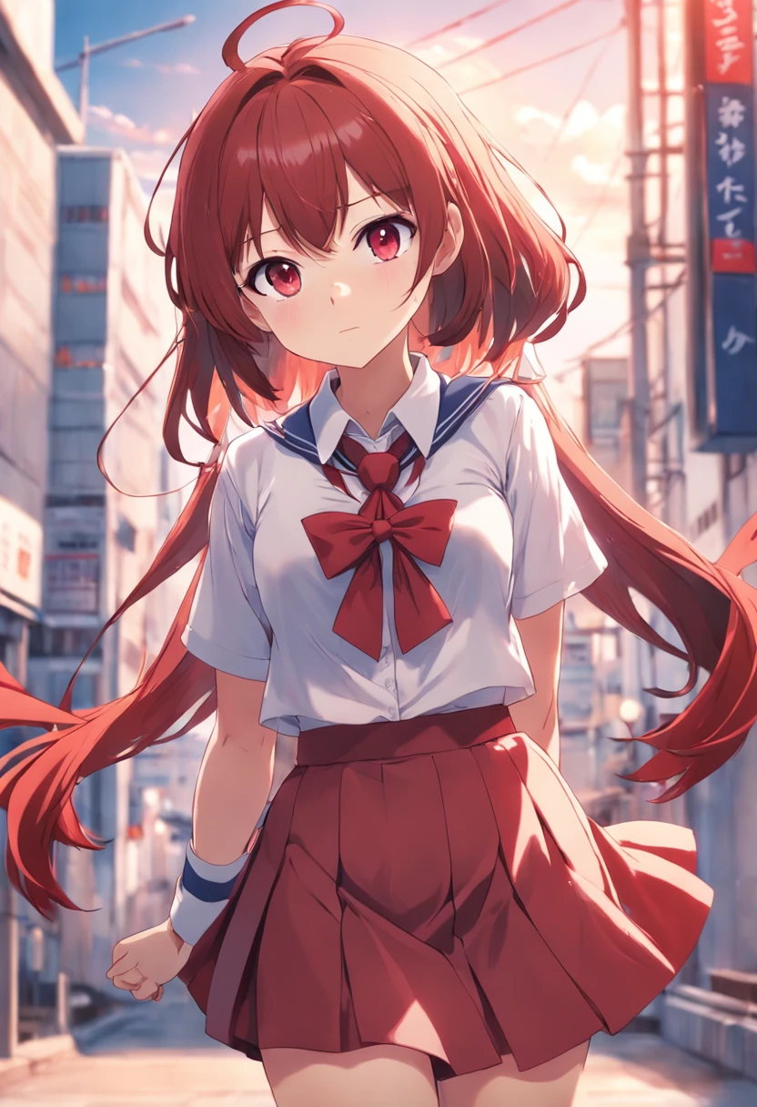 anime girl with a red tie and skirt, chihiro! fujisaki, an anime girl, anime girl, anime style character, (anime girl), makoto, anime character, beautiful anime high school girl, cute anime girl, attractive anime girl, female protagonist 👀 :8, in an anime style, in anime style, anime visual of a cute girl